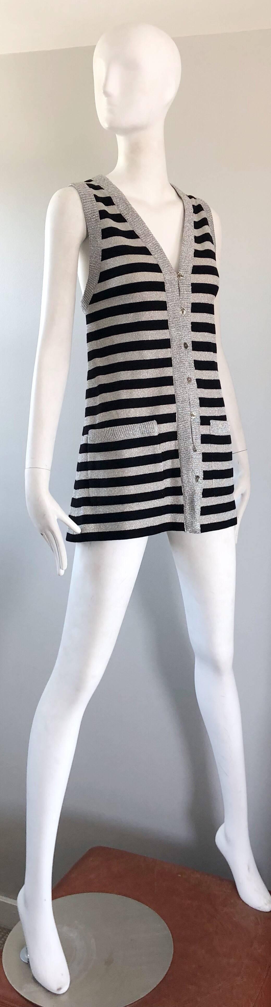 Gray 1970s Silver + Black Metallic Striped Sleeveless Vintage Vest Tunic / Mini Dress For Sale