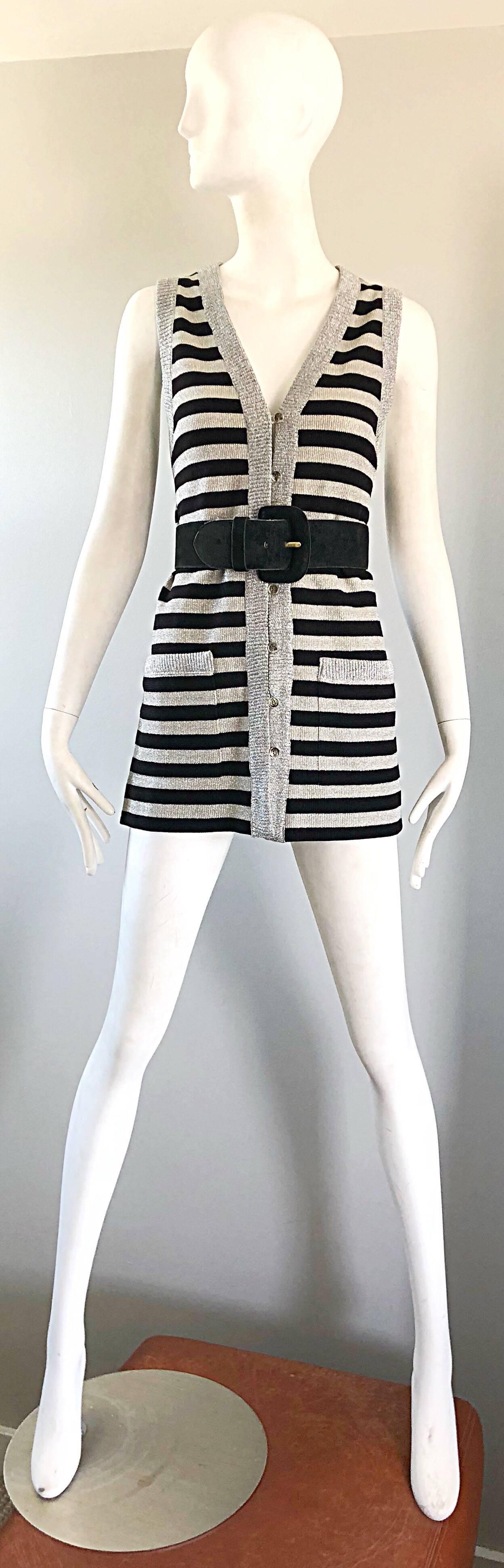 1970s Silver + Black Metallic Striped Sleeveless Vintage Vest Tunic / Mini Dress For Sale 1