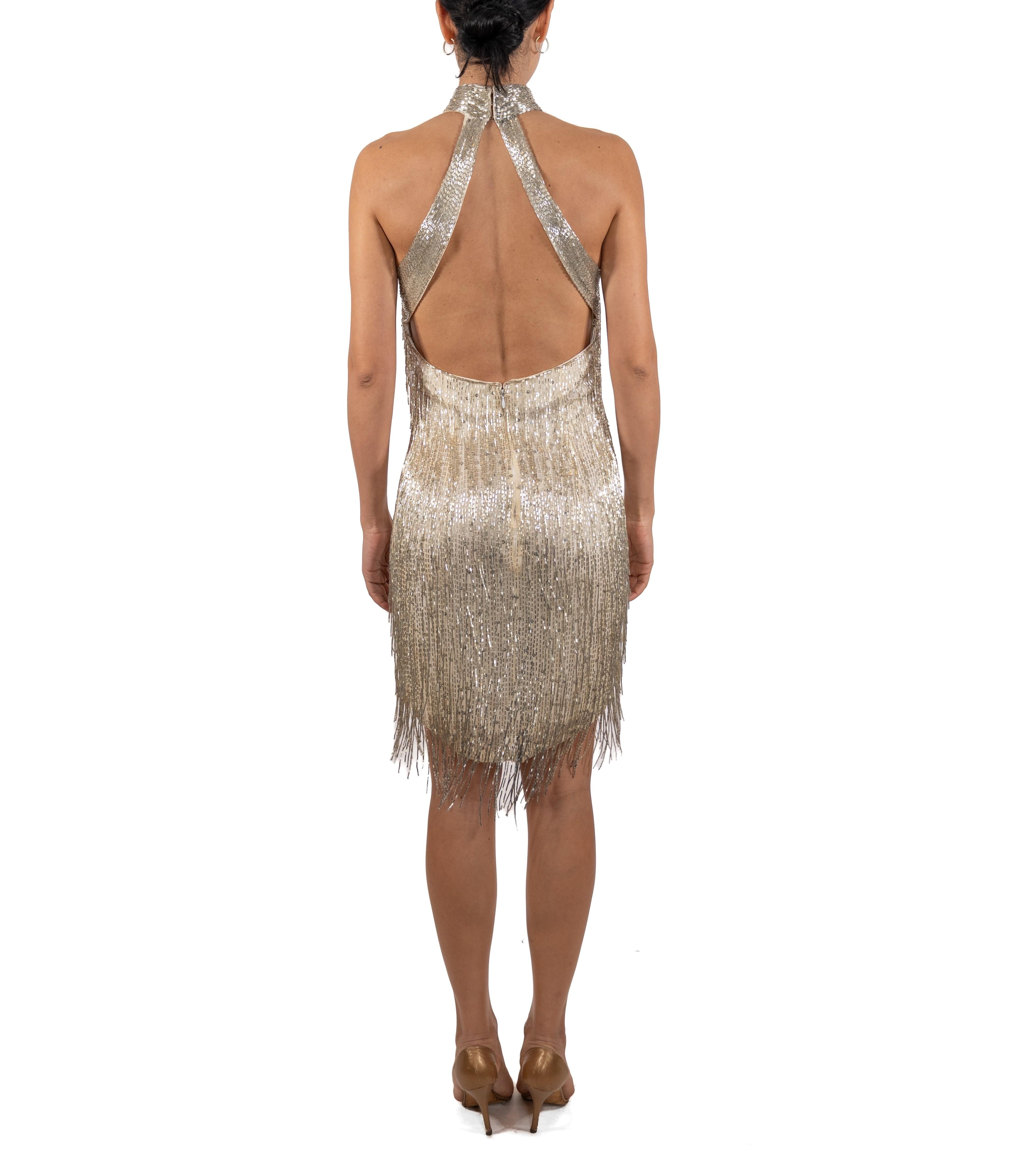 1970S Silver Beaded Silk Fringe Cocktail Dress For Sale 1