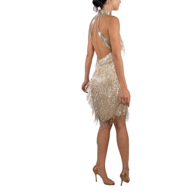 1970S Silver Beaded Silk Fringe Cocktail Dress at 1stDibs