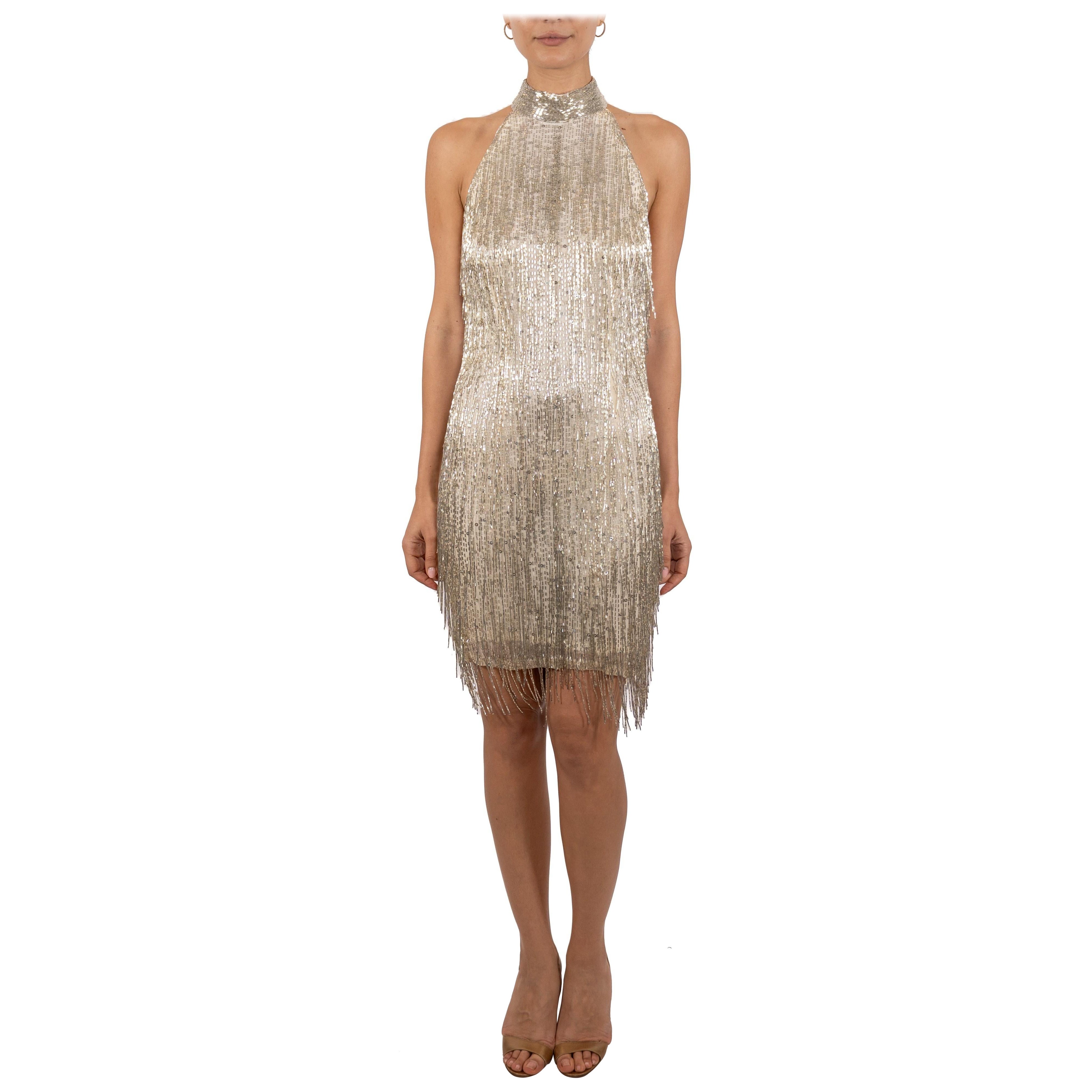 1970S Silver Beaded Silk Fringe Cocktail Dress