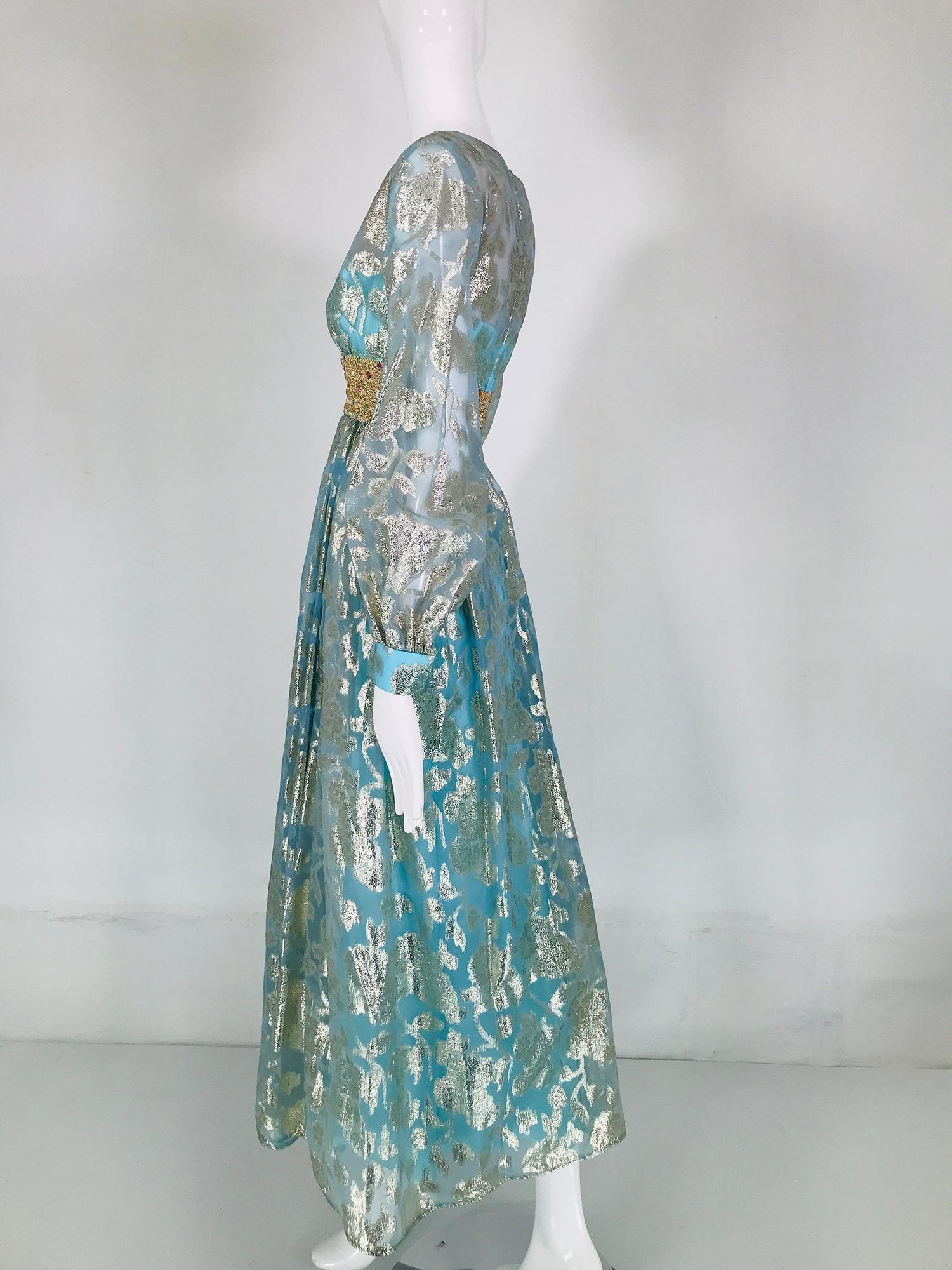 1970s Silver Blue Metallic Jewel Waist Maxi Dress For Sale 6
