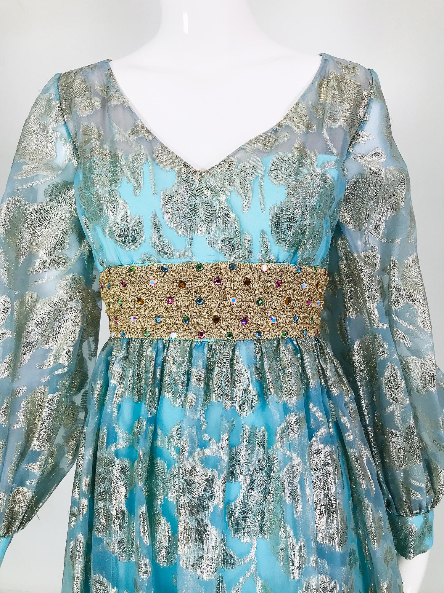 1970s Silver Blue Metallic Jewel Waist Maxi Dress For Sale 9