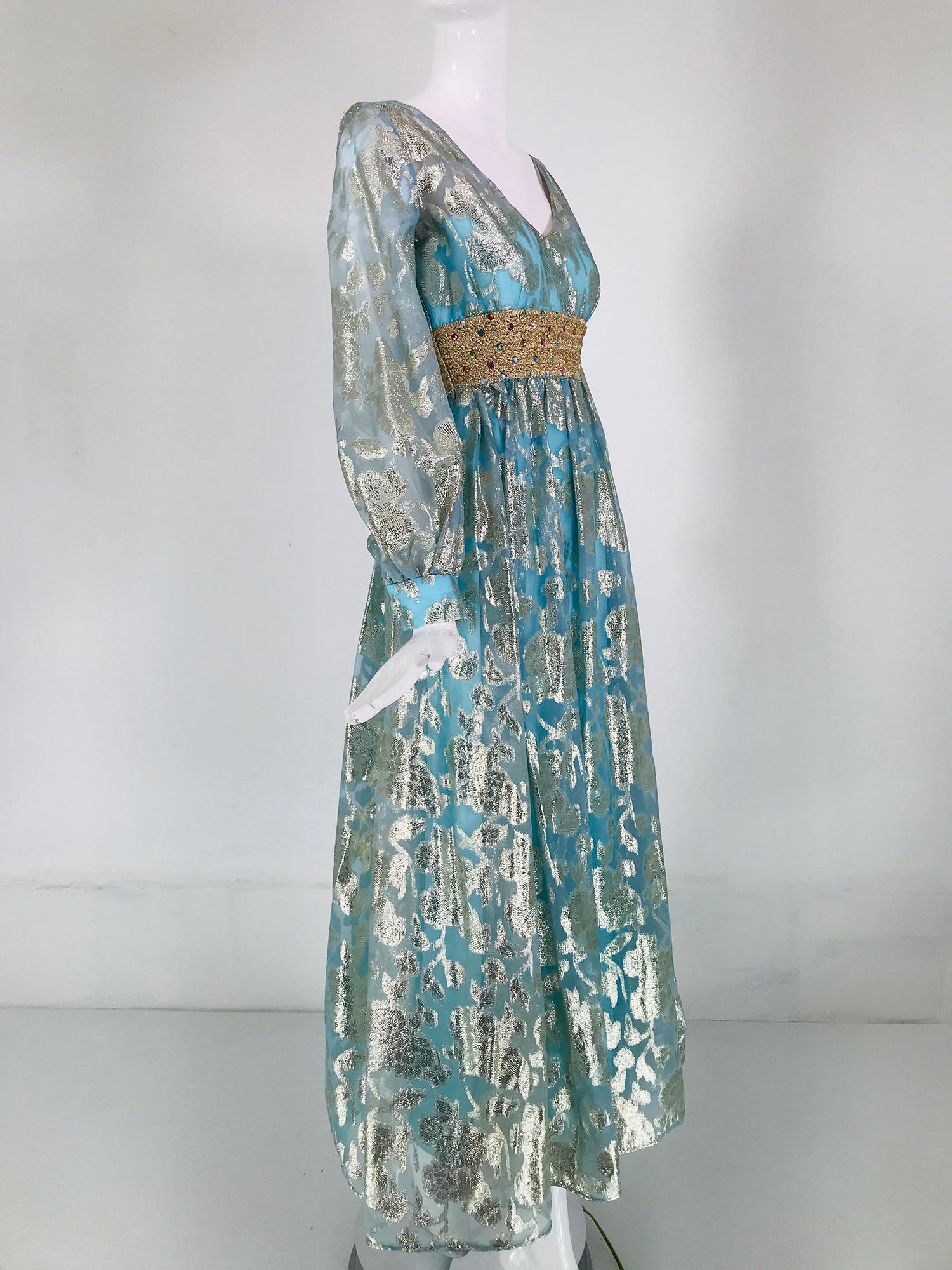 1970s Silver Blue Metallic Jewel Waist Maxi Dress In Good Condition For Sale In West Palm Beach, FL