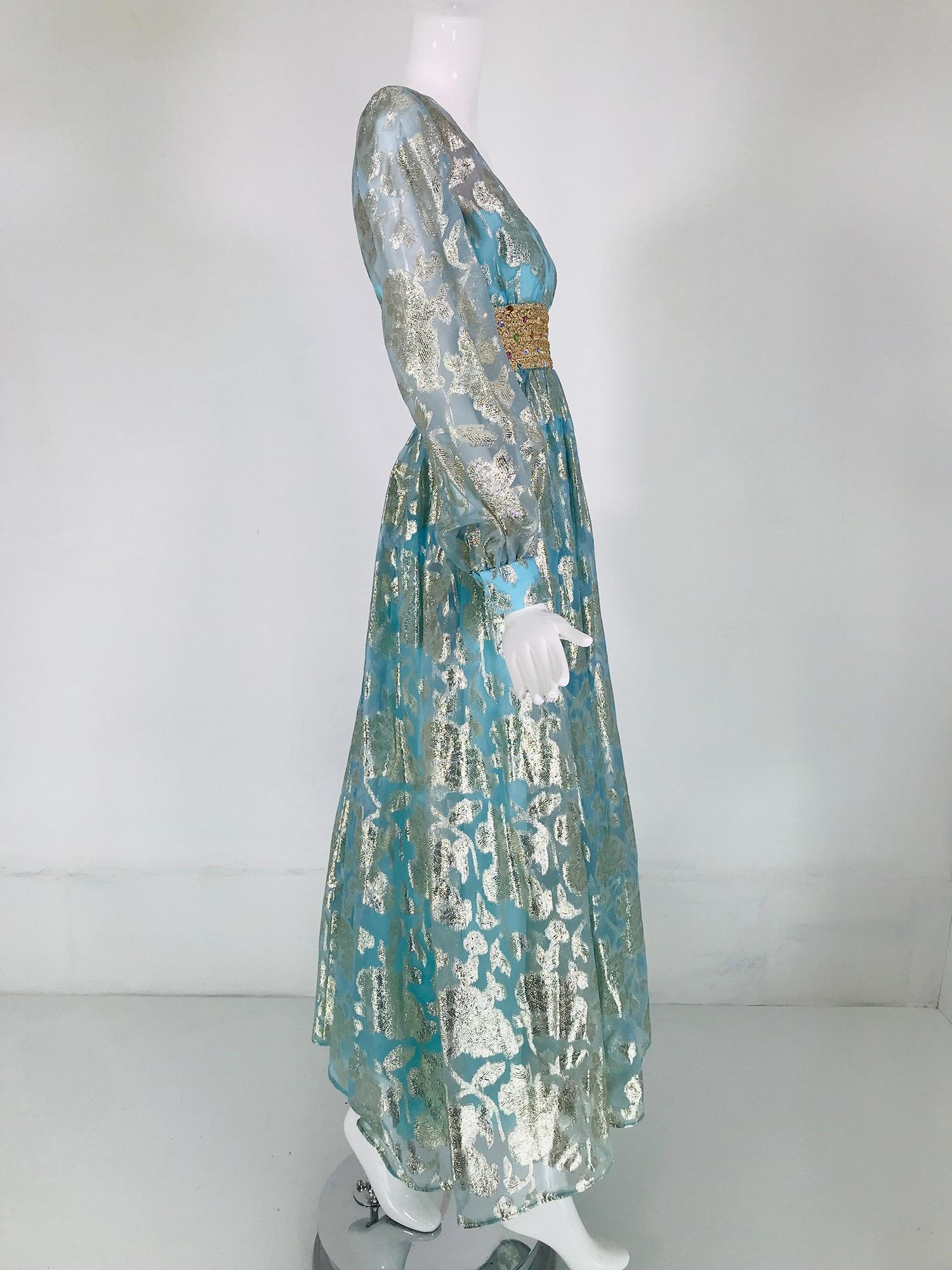 Women's 1970s Silver Blue Metallic Jewel Waist Maxi Dress For Sale