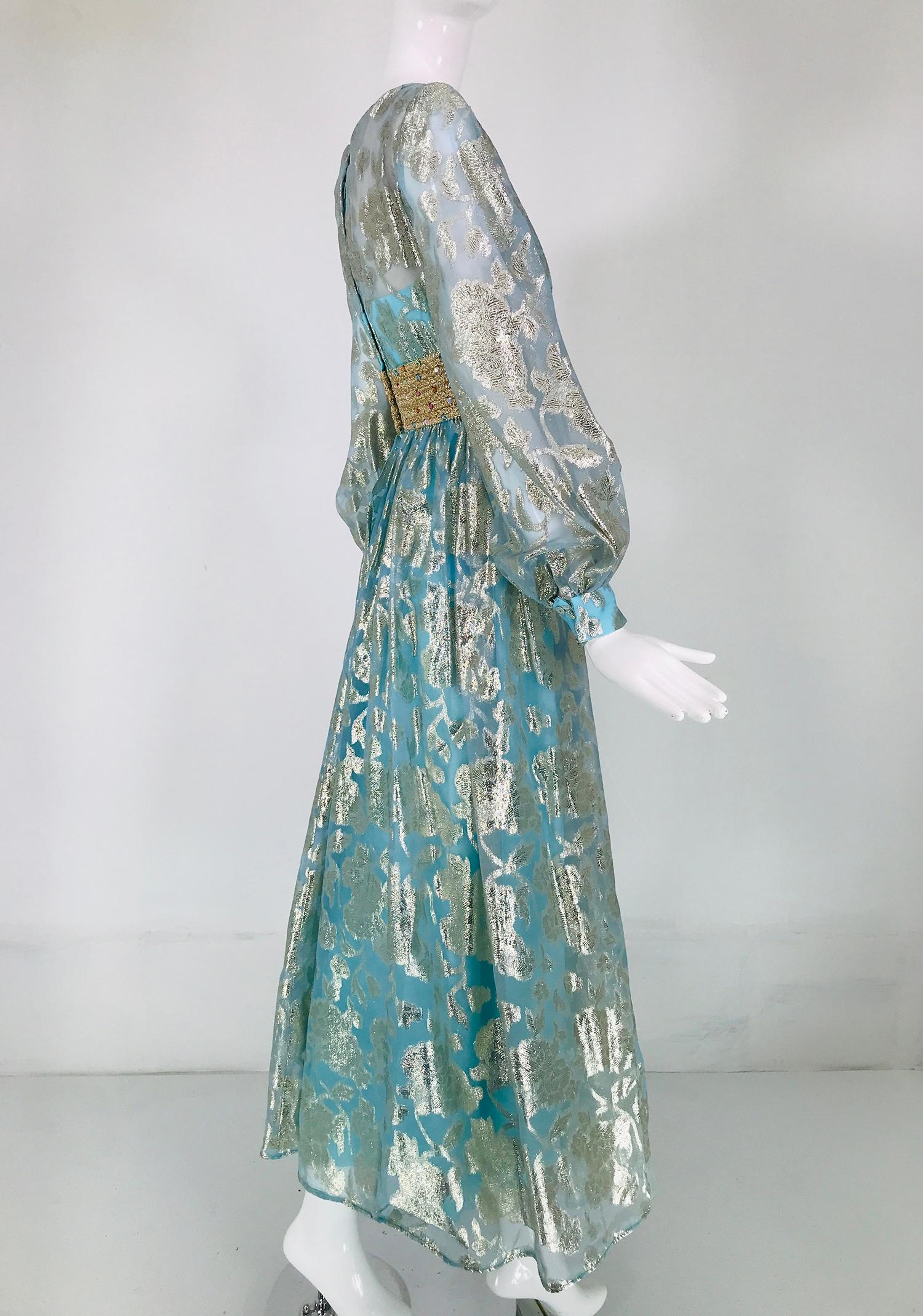 1970s Silver Blue Metallic Jewel Waist Maxi Dress For Sale 1