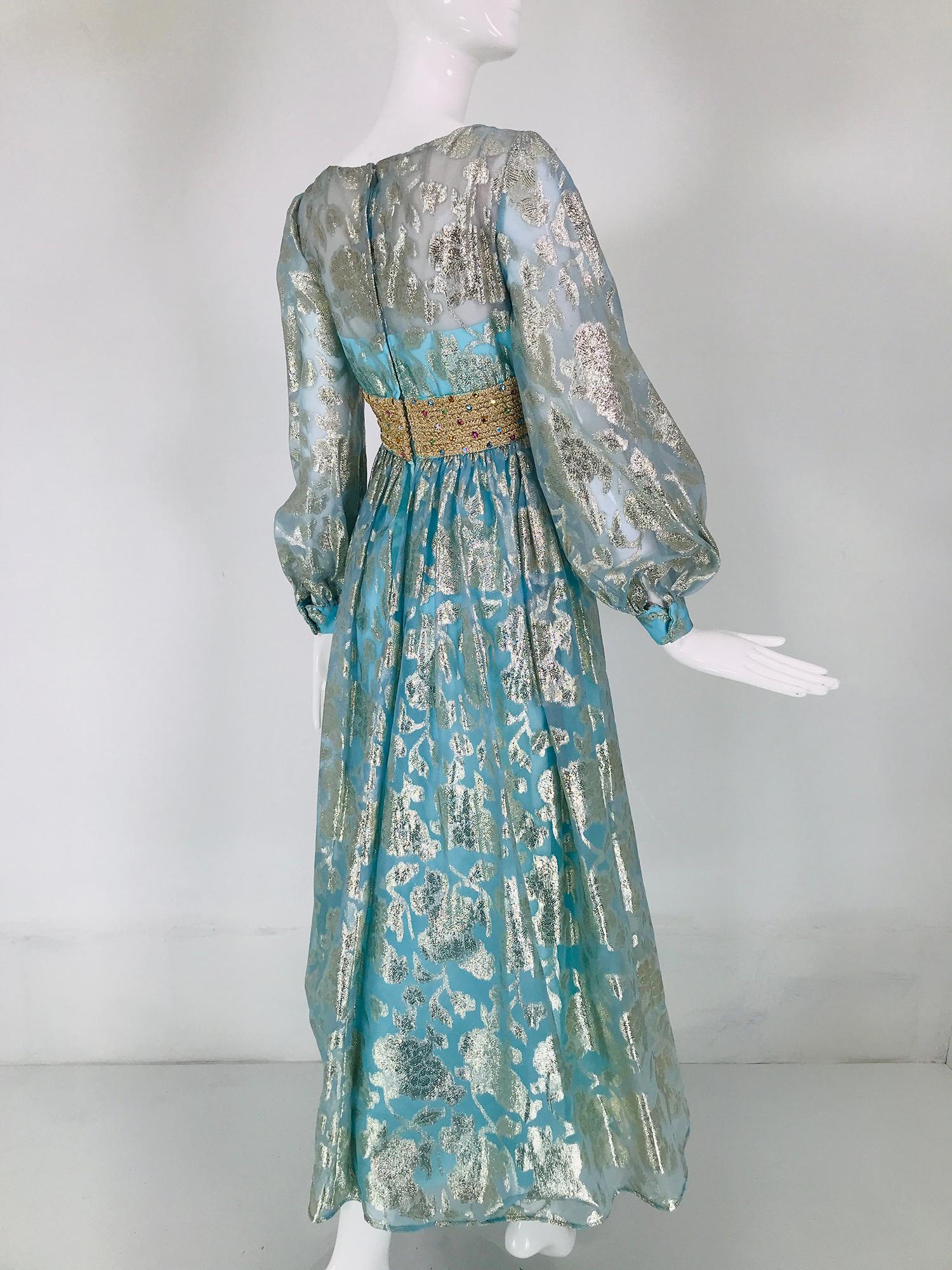 1970s Silver Blue Metallic Jewel Waist Maxi Dress For Sale 1