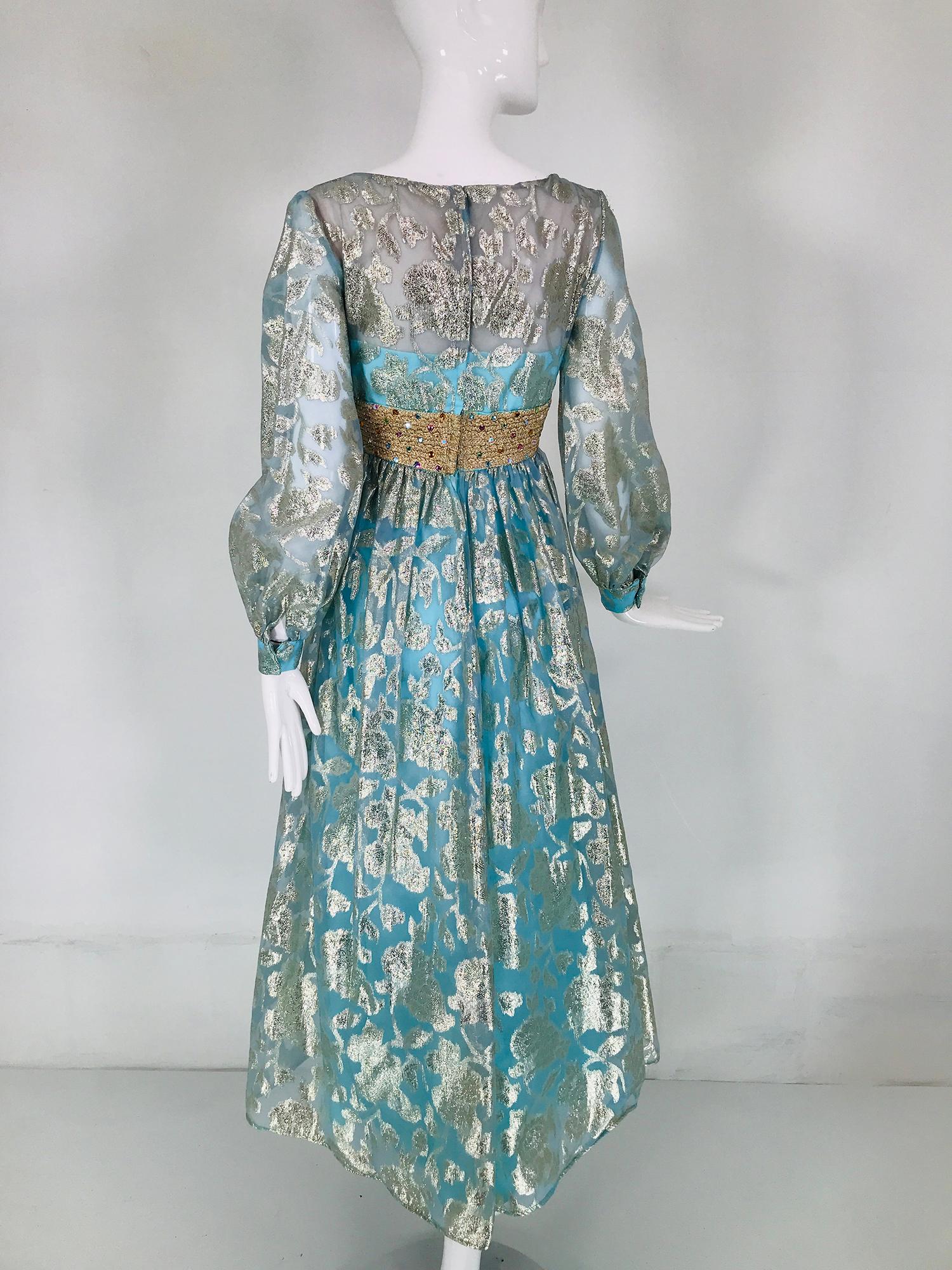 1970s Silver Blue Metallic Jewel Waist Maxi Dress For Sale 4