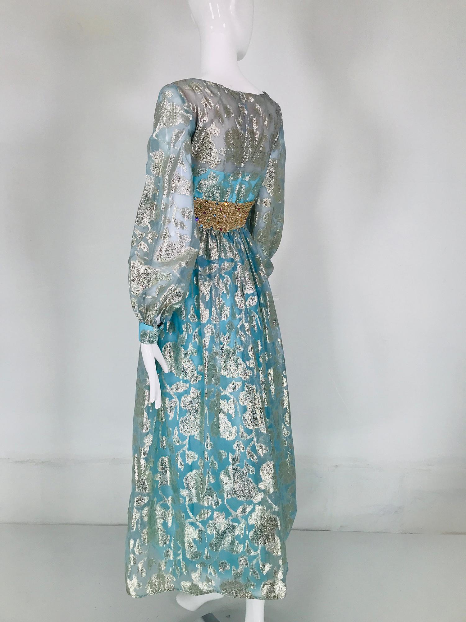 1970s Silver Blue Metallic Jewel Waist Maxi Dress For Sale 5