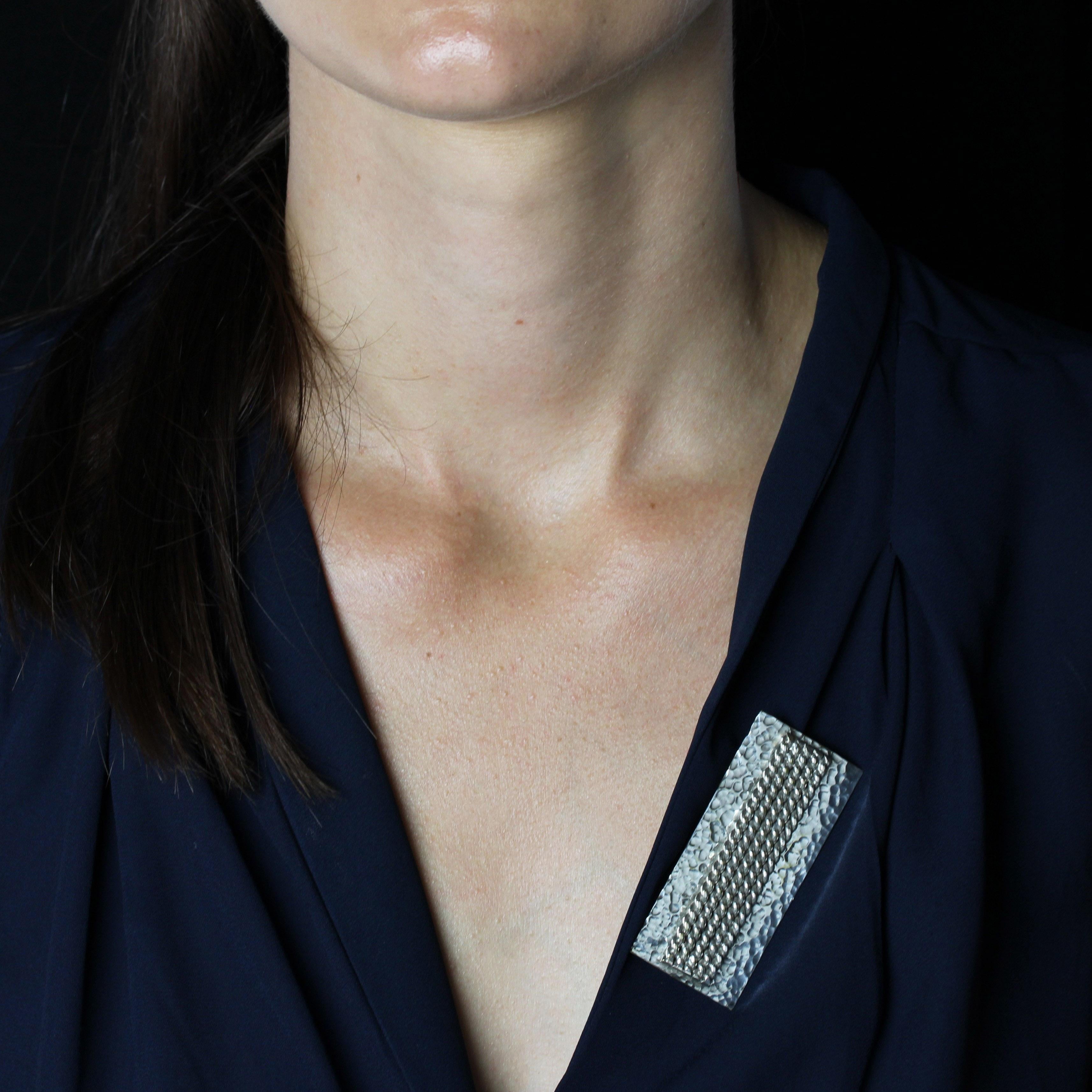 1970s Silver Hammered Rectangular Plate Brooch - image 2