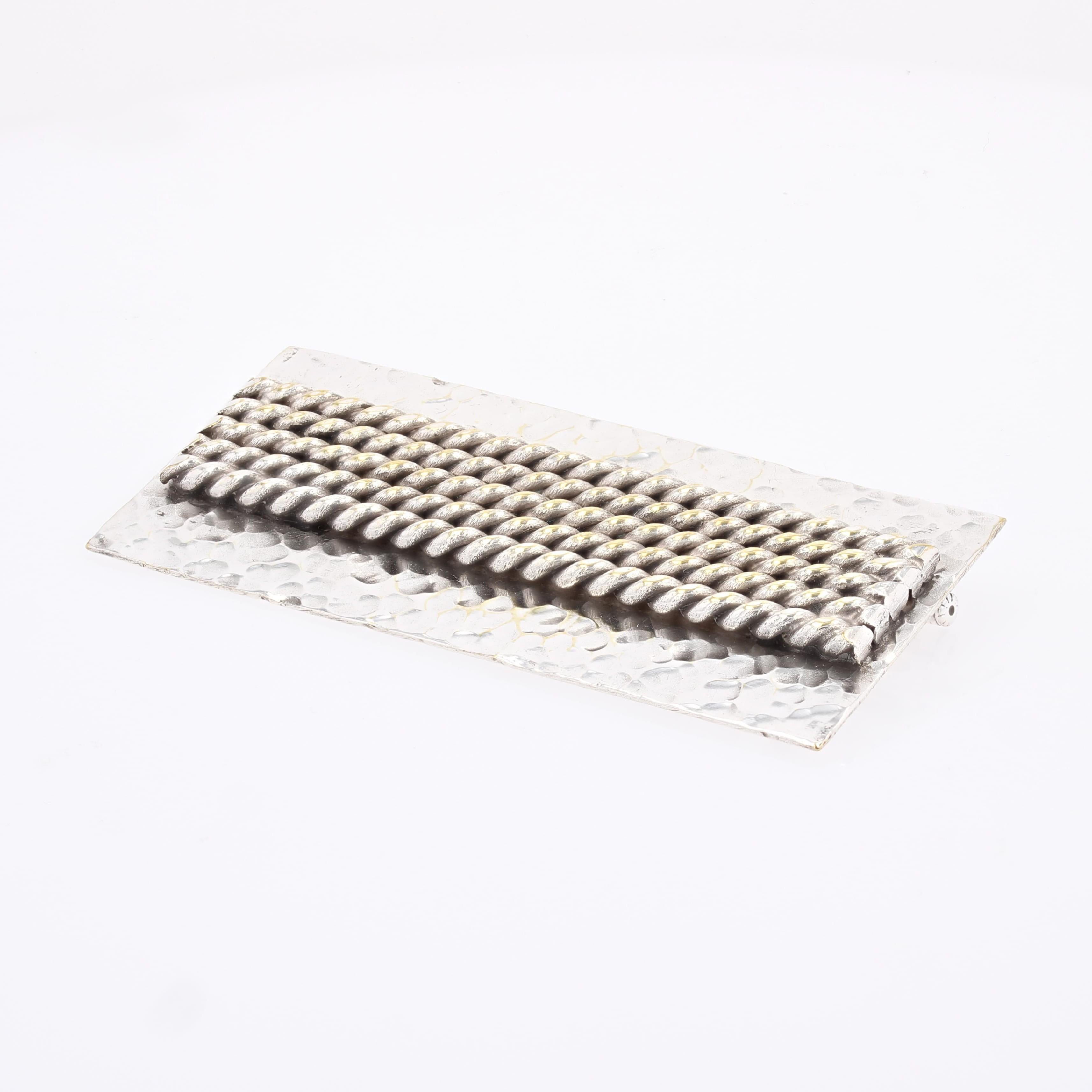 1970s Silver Hammered Rectangular Plate Brooch - image 3