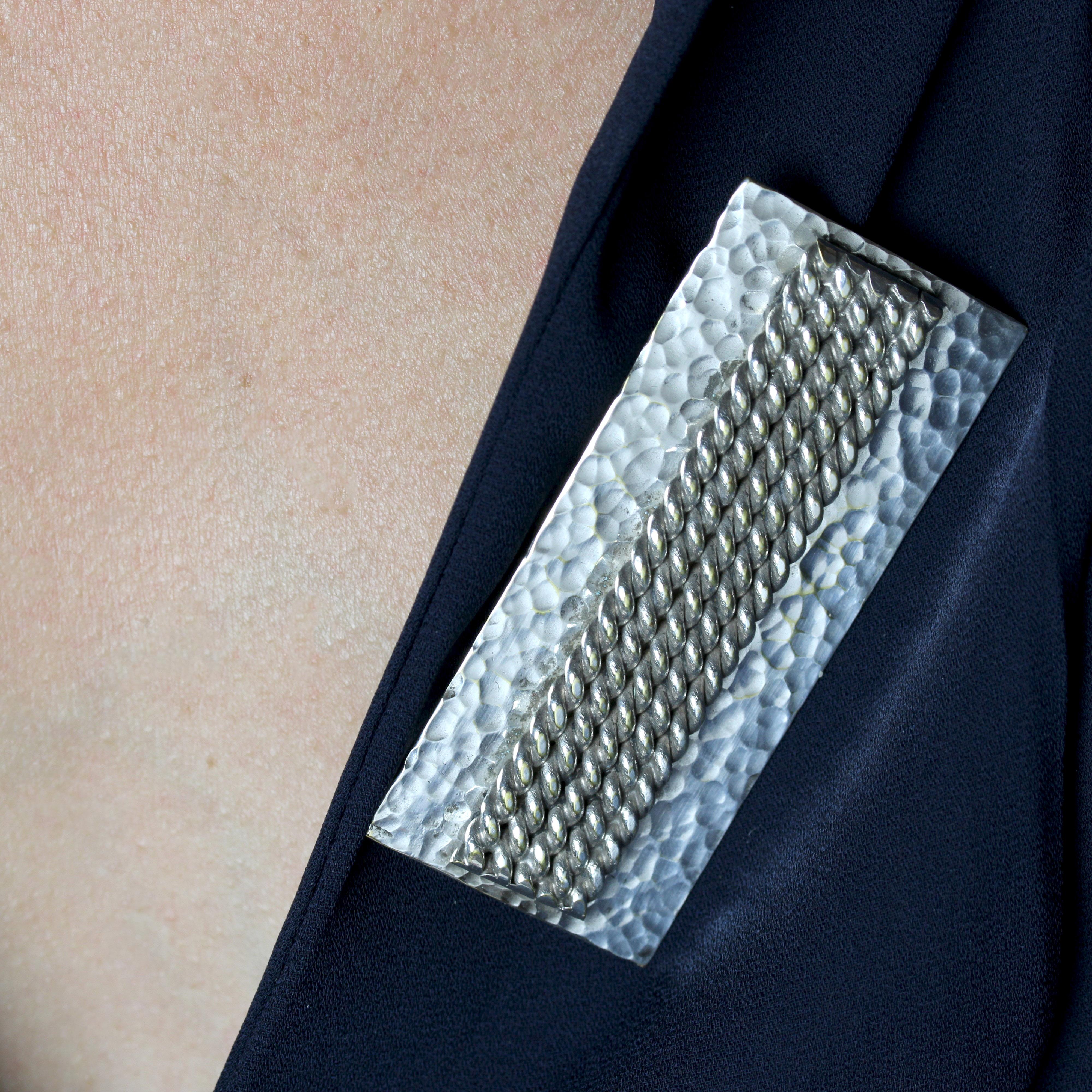 1970s Silver Hammered Rectangular Plate Brooch - image 5