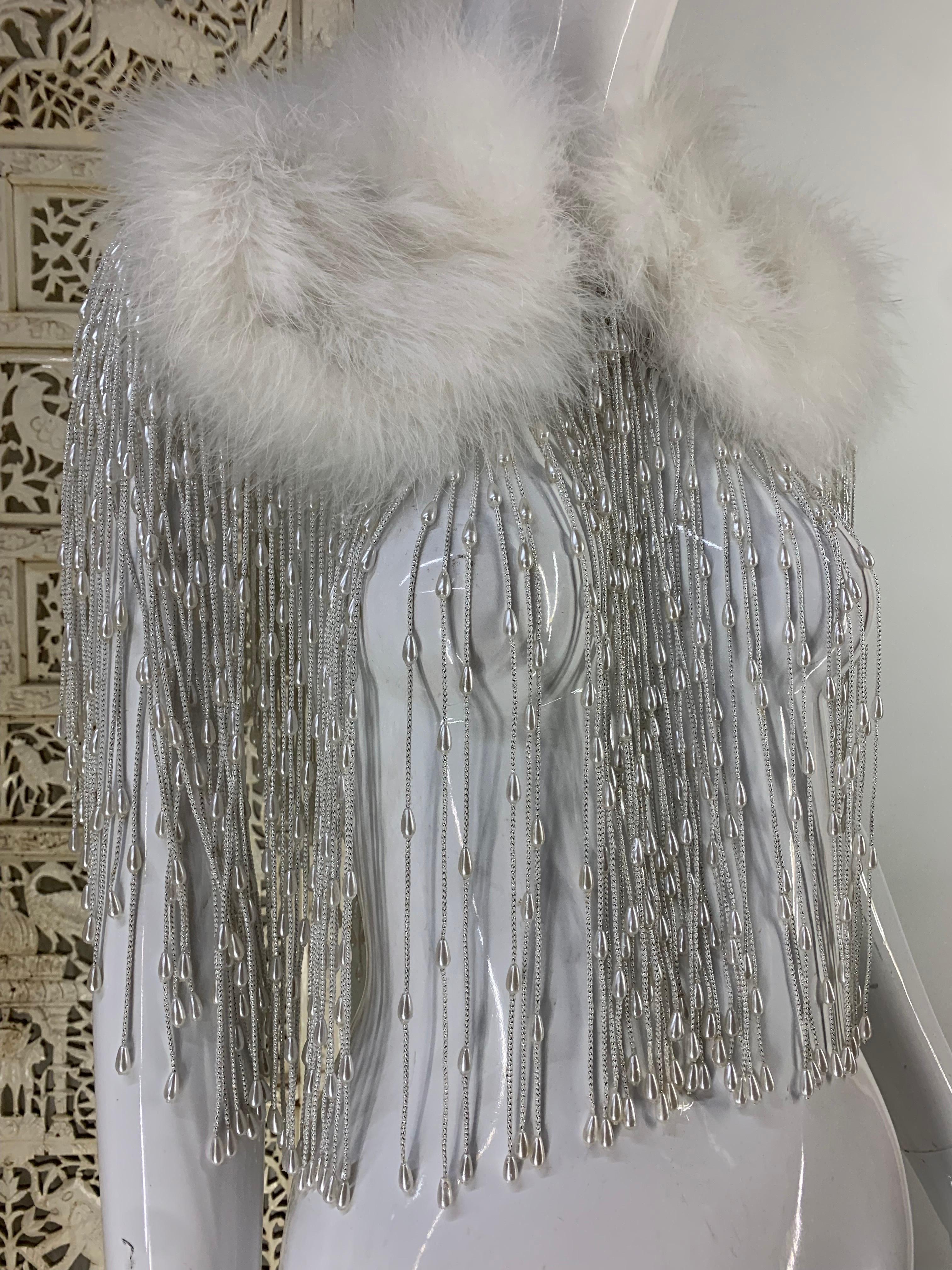 1970s Silver Lame & Pearl Fringe Caplet w White Marabou  Appliques Collar In Excellent Condition In Gresham, OR