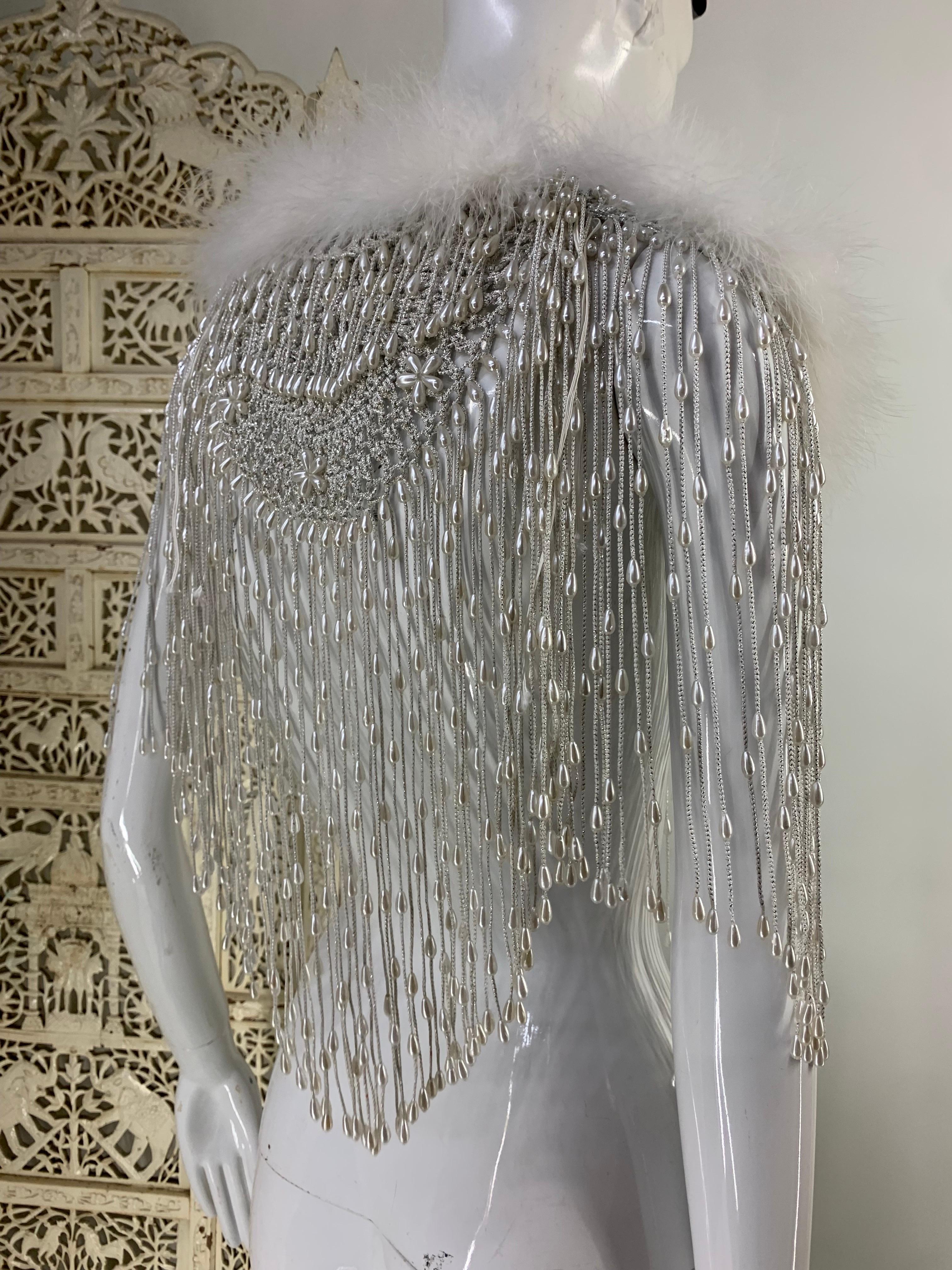 1970s Silver Lame & Pearl Fringe Caplet w White Marabou  Appliques Collar 1