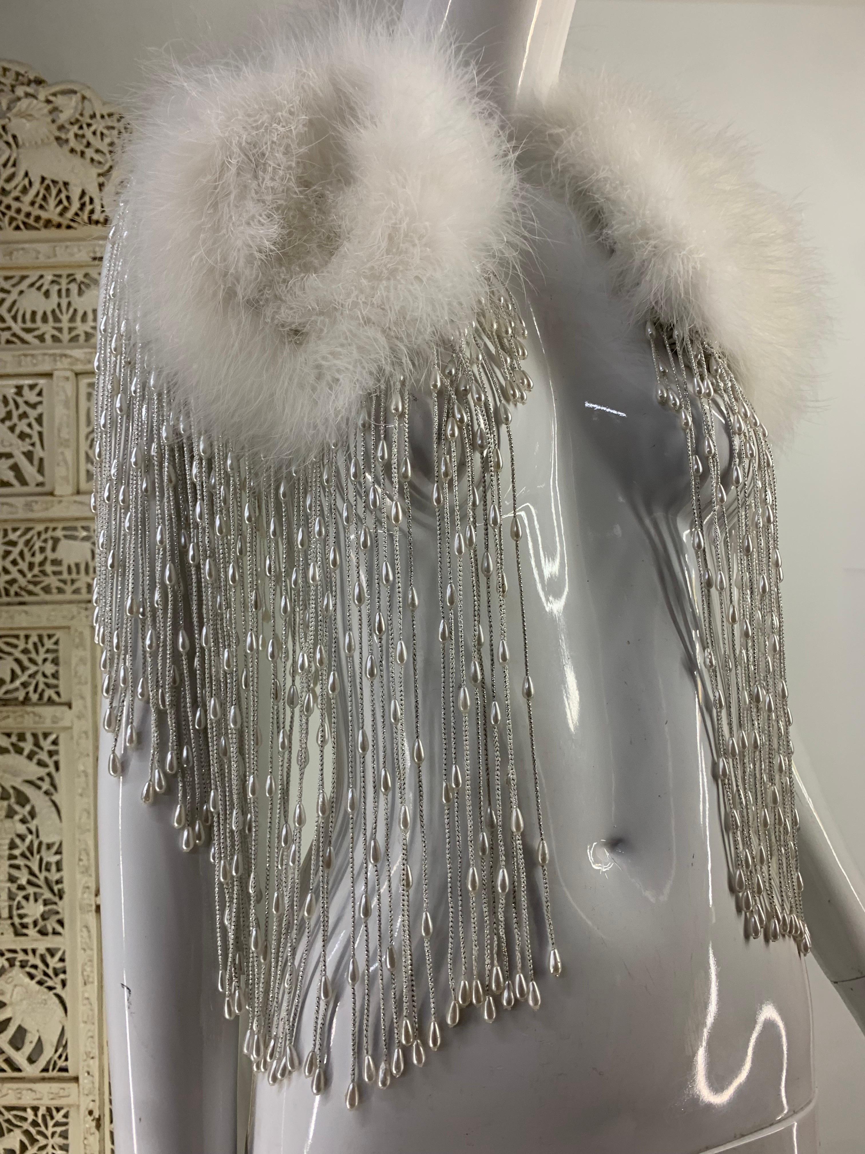 1970s Silver Lame & Pearl Fringe Caplet w White Marabou  Appliques Collar 2