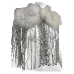 1970s Silver Lame & Pearl Fringe Caplet w White Marabou  Appliques Collar