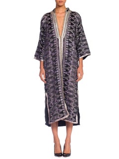 1970S Black Metallic Lurex Embroidered Satin Moroccan Kaftan