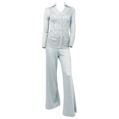 1970s Silver Metallic Knit 3 Piece Pant Suit