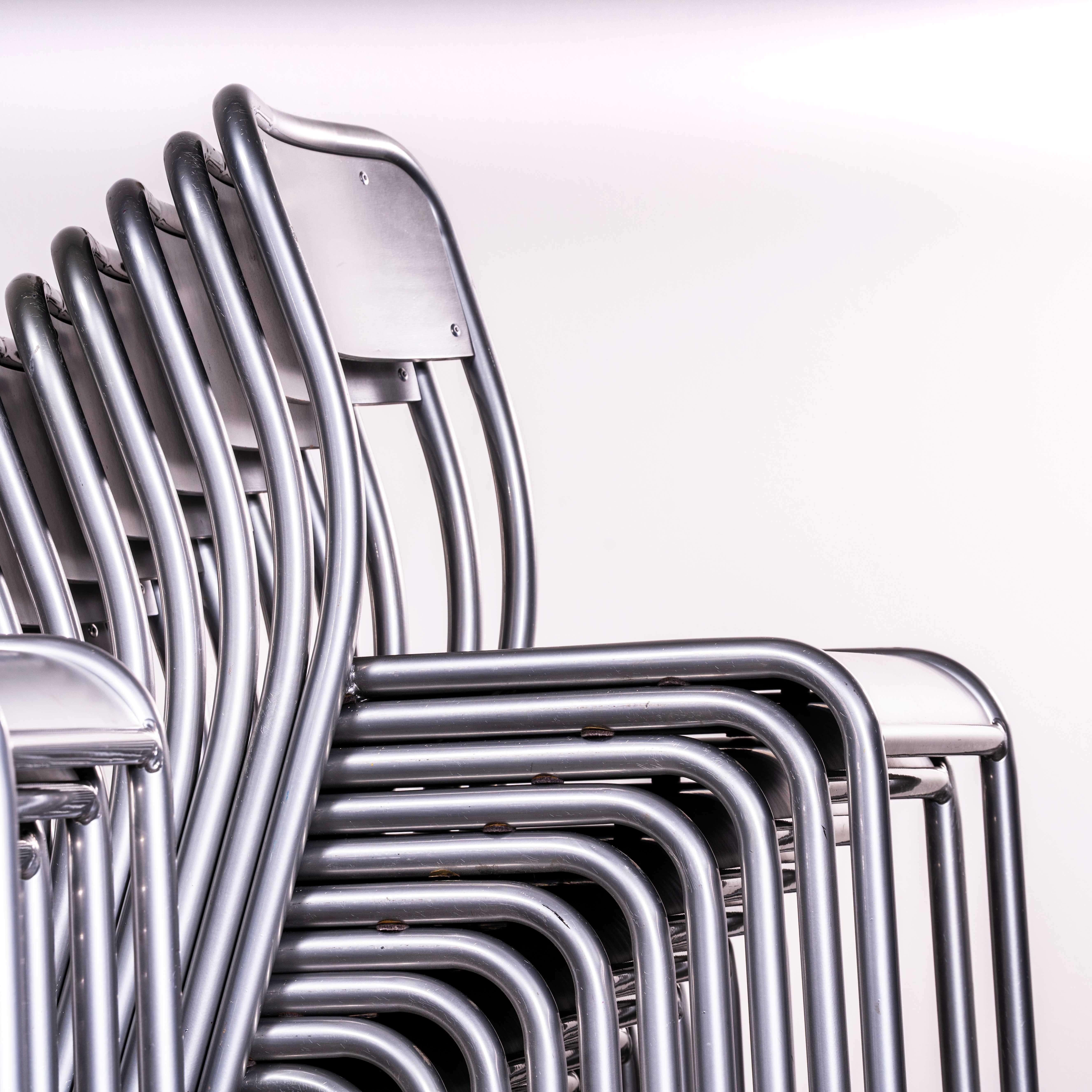 1970’s Silver Mullca Stacking Dining Chairs – Large Quantity Available. 

One of our most favourite chairs, in 1947 Robert Muller and Gaston Cavaillon created the company that went on to develop arguably the most famous French school chair. Sadly