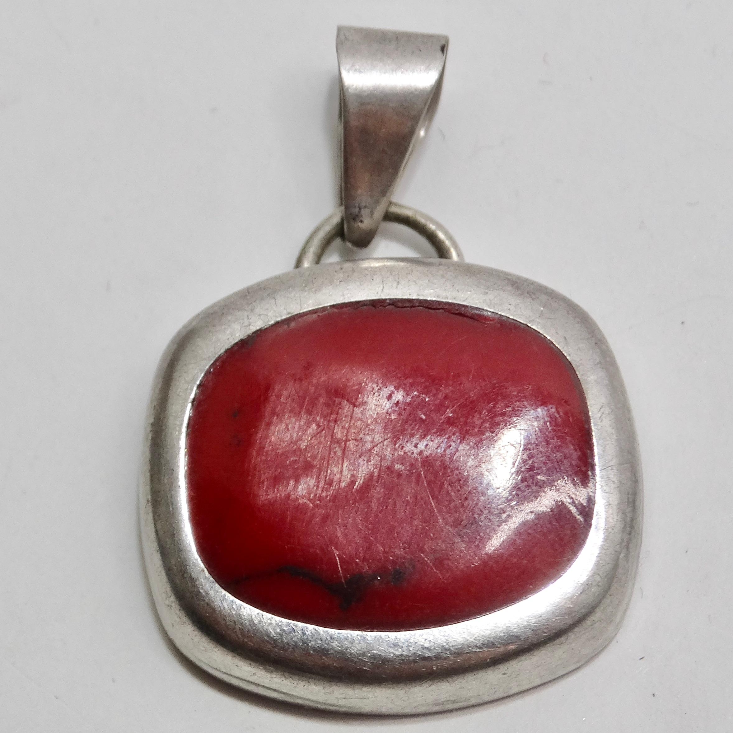Women's or Men's 1970s Silver Native American Strong Red Carnelian Stone Pendent For Sale