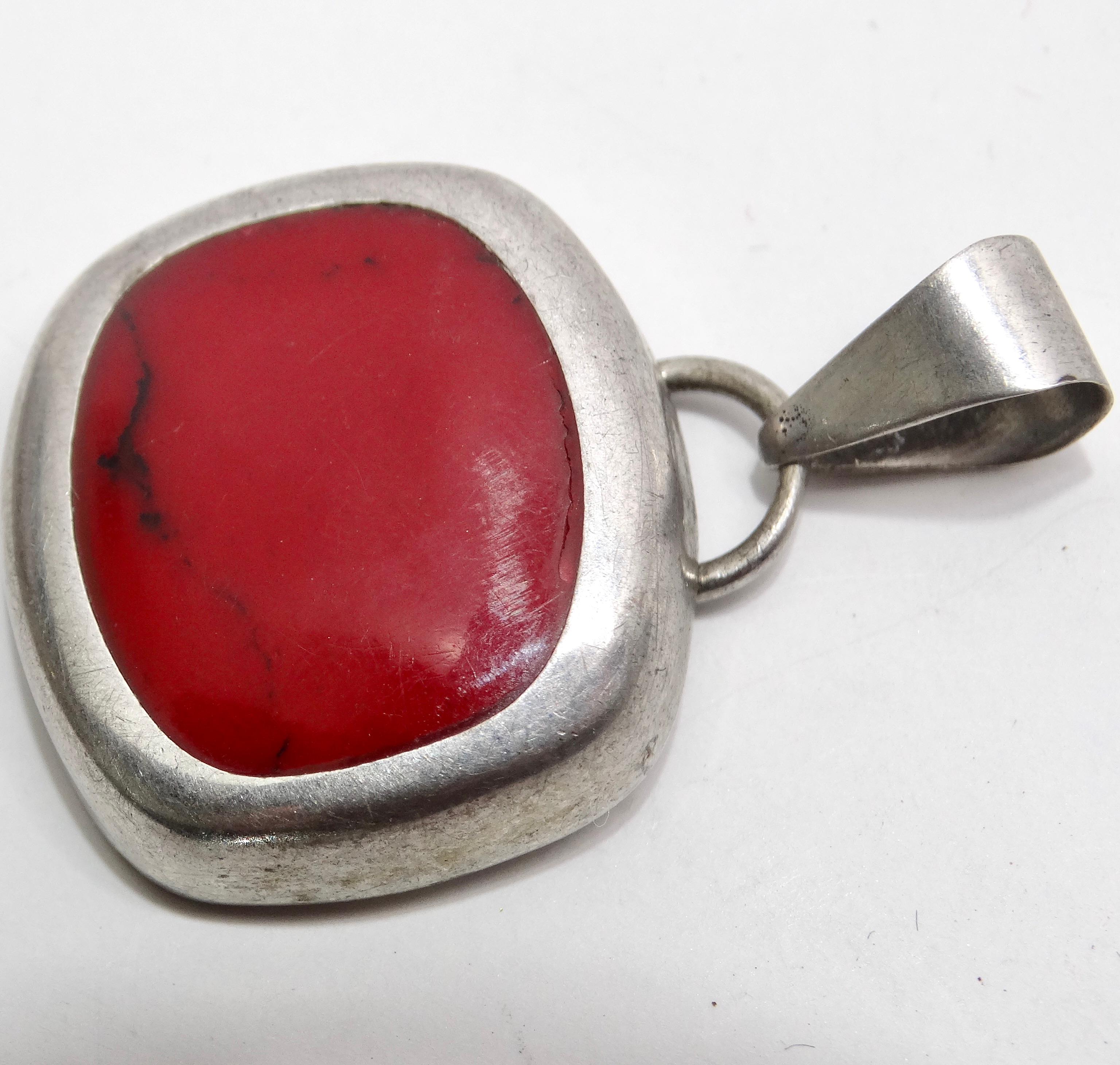 1970s Silver Native American Strong Red Carnelian Stone Pendent For Sale 1