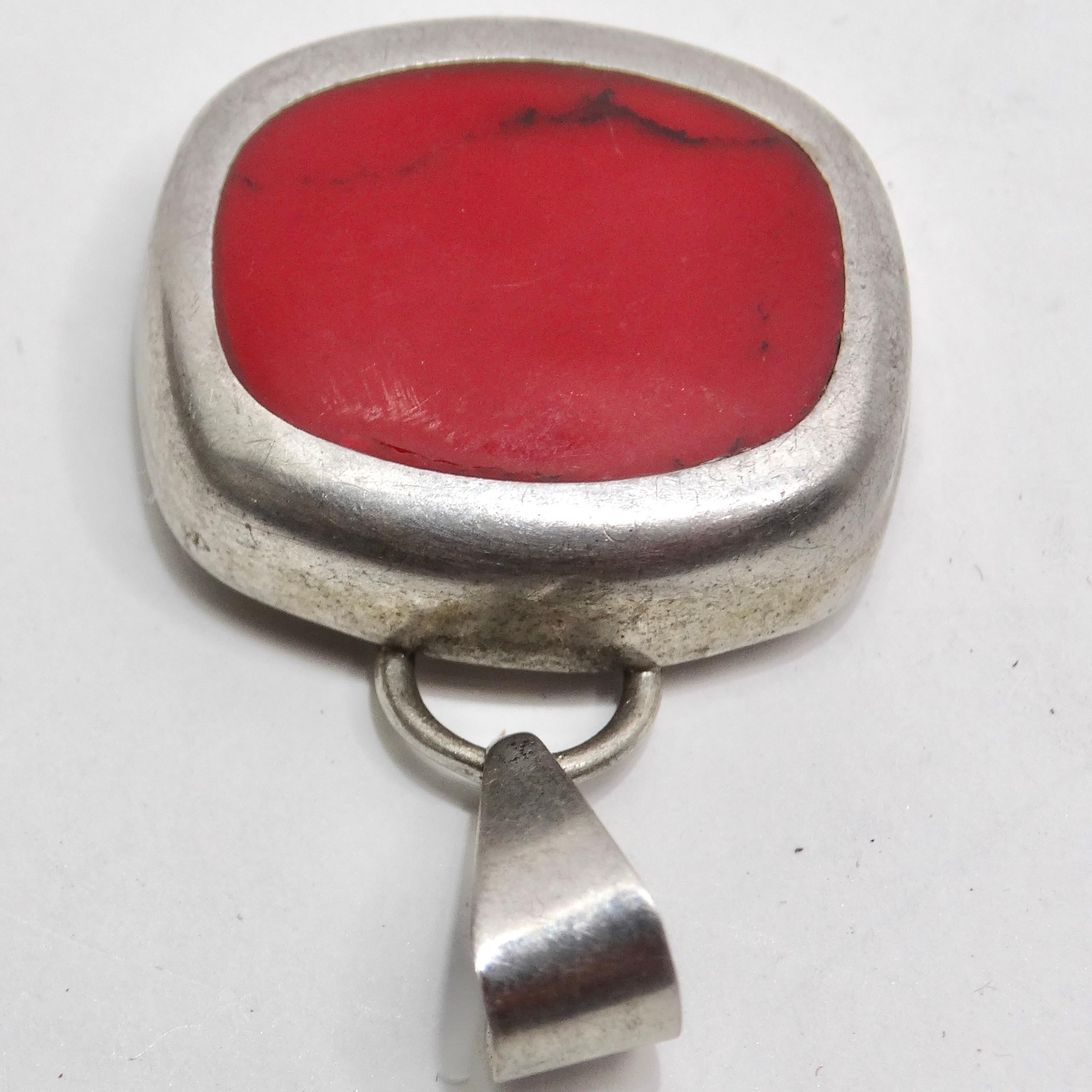 1970s Silver Native American Strong Red Carnelian Stone Pendent For Sale 2
