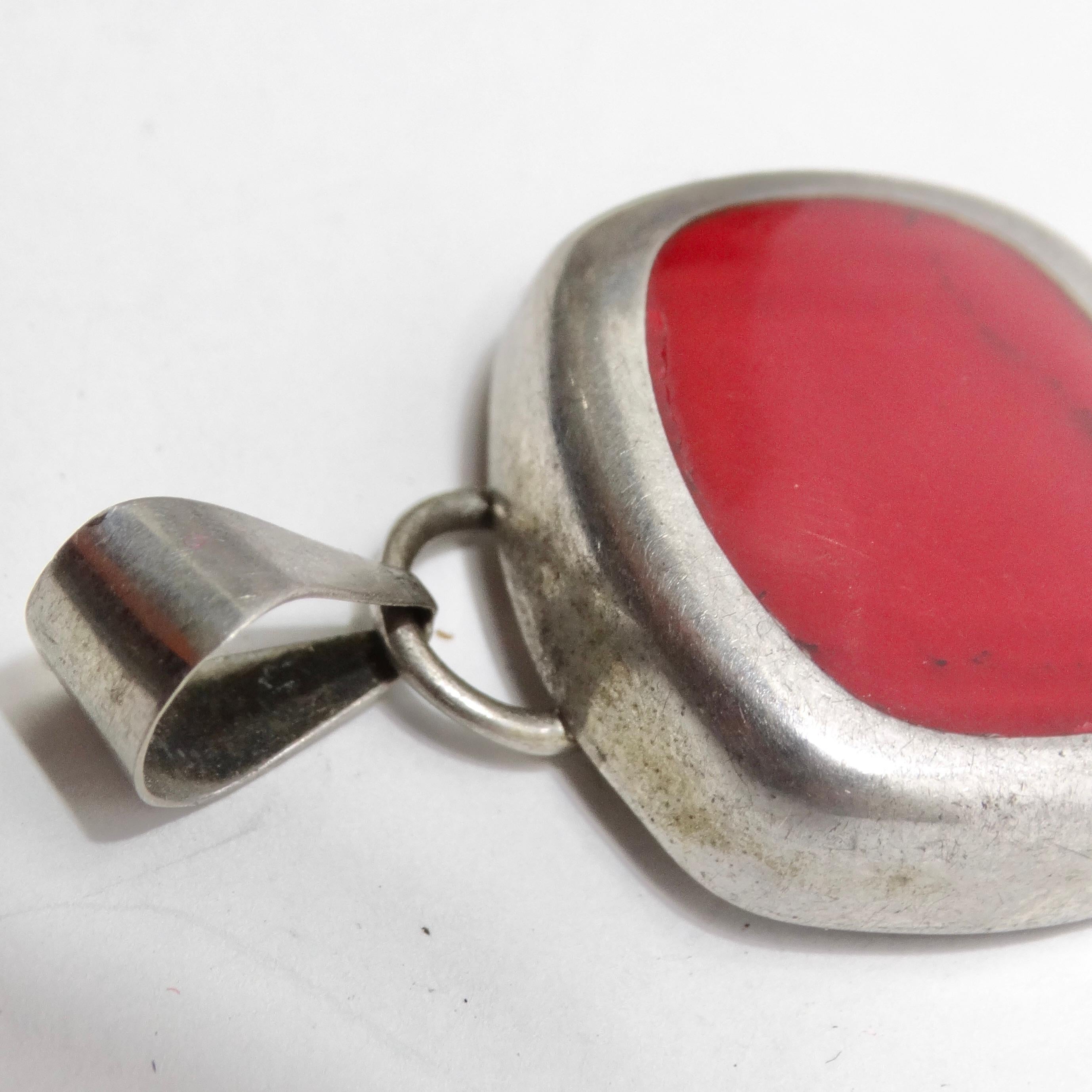 1970s Silver Native American Strong Red Carnelian Stone Pendent For Sale 3