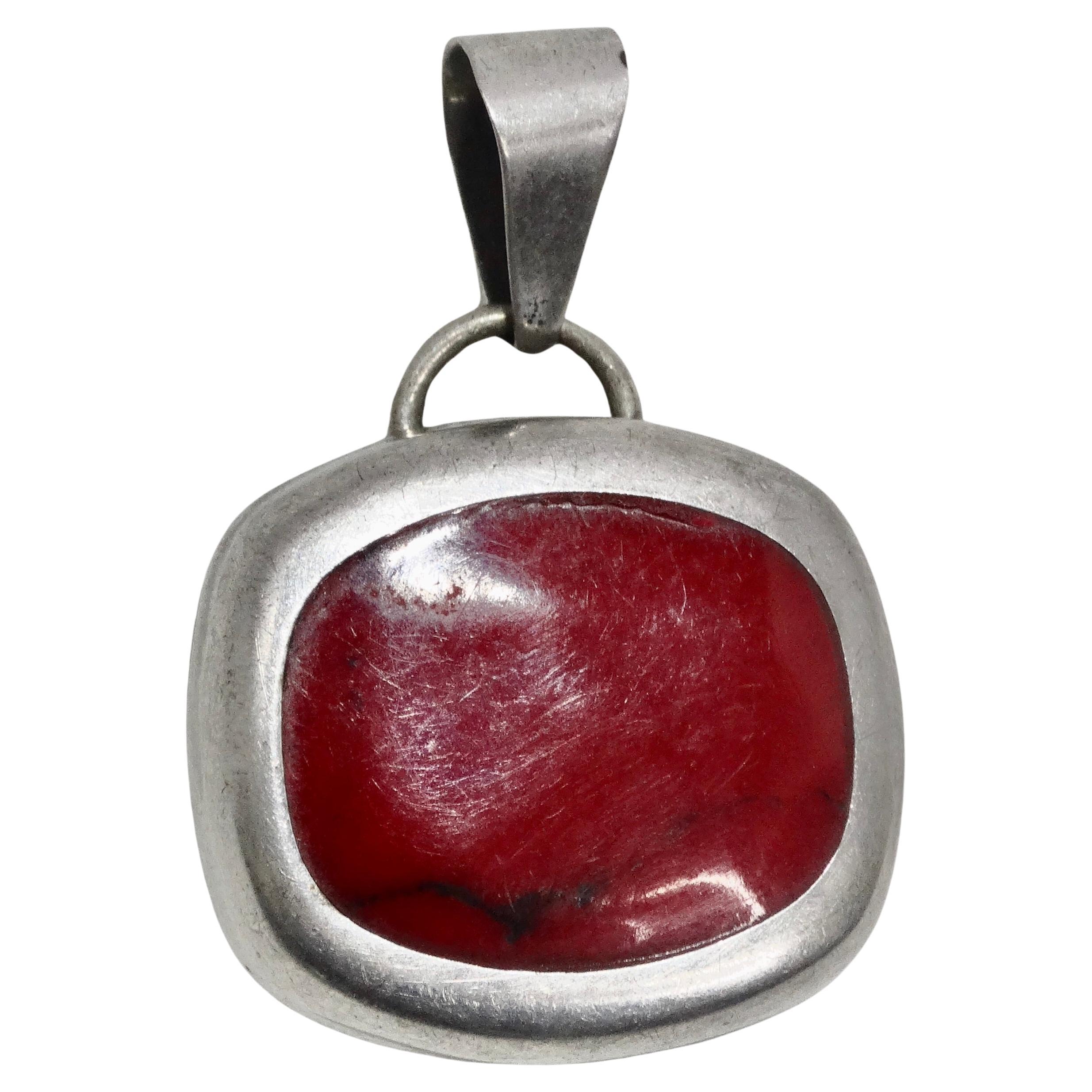 1970s Silver Native American Strong Red Carnelian Stone Pendent For Sale