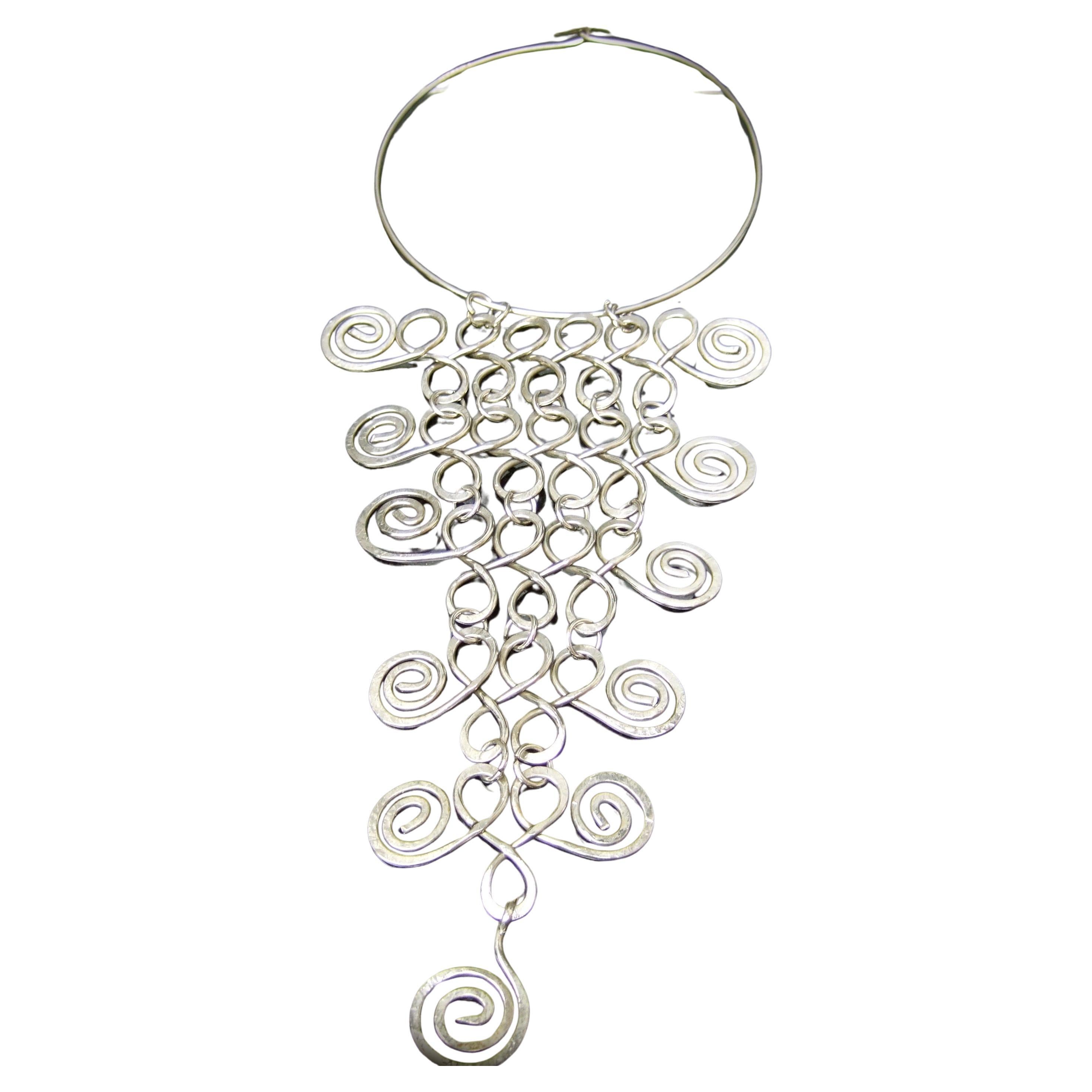 1970s Silver Plate Coiled Metal Italian Articulated Bib Collar Artisan Necklace