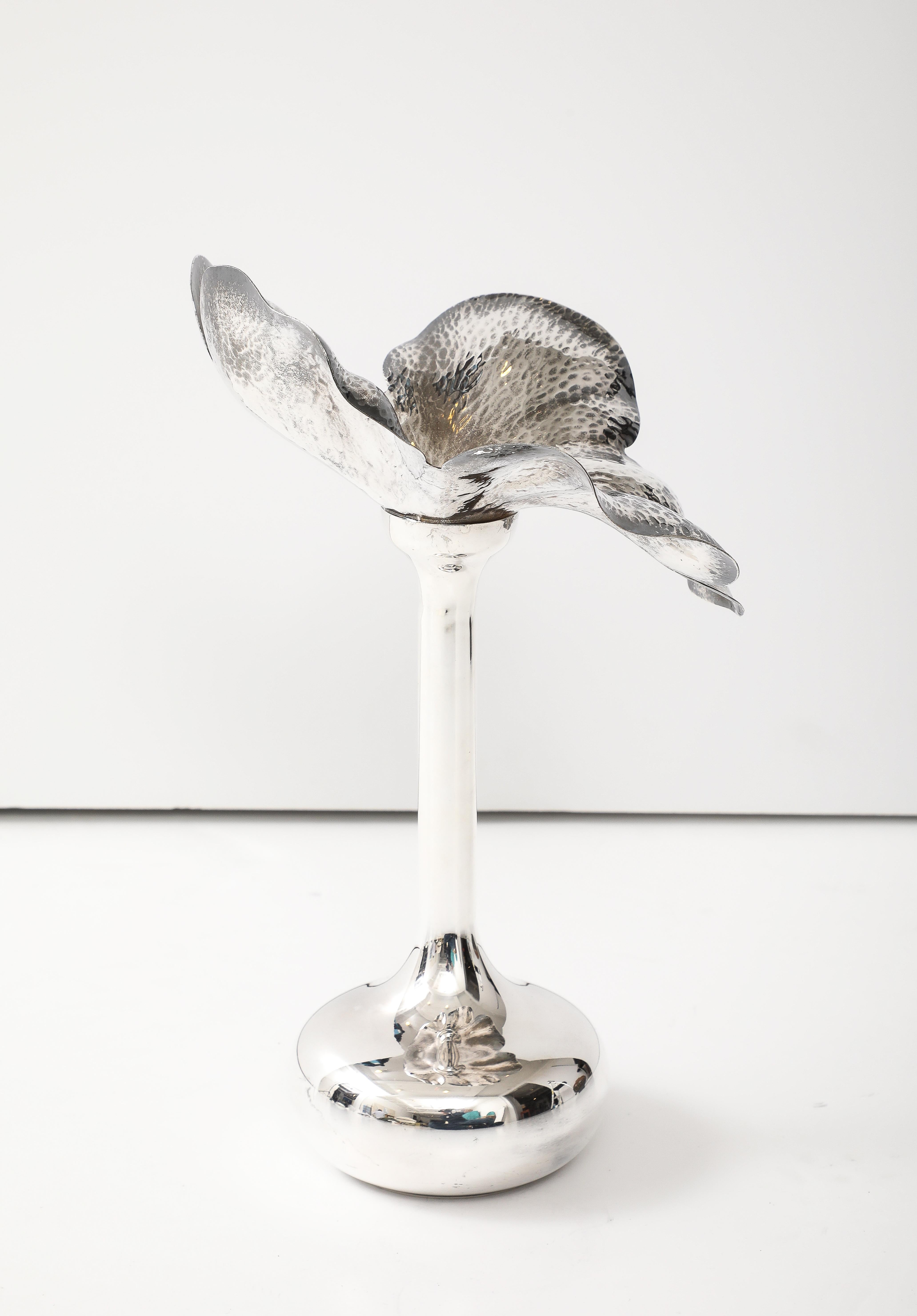 1970's modern flower shape silver-plated Brazilian vase/candle holder attributed to Marilena Mariotto, newly hand polished with minor wear and patina due to age and use.