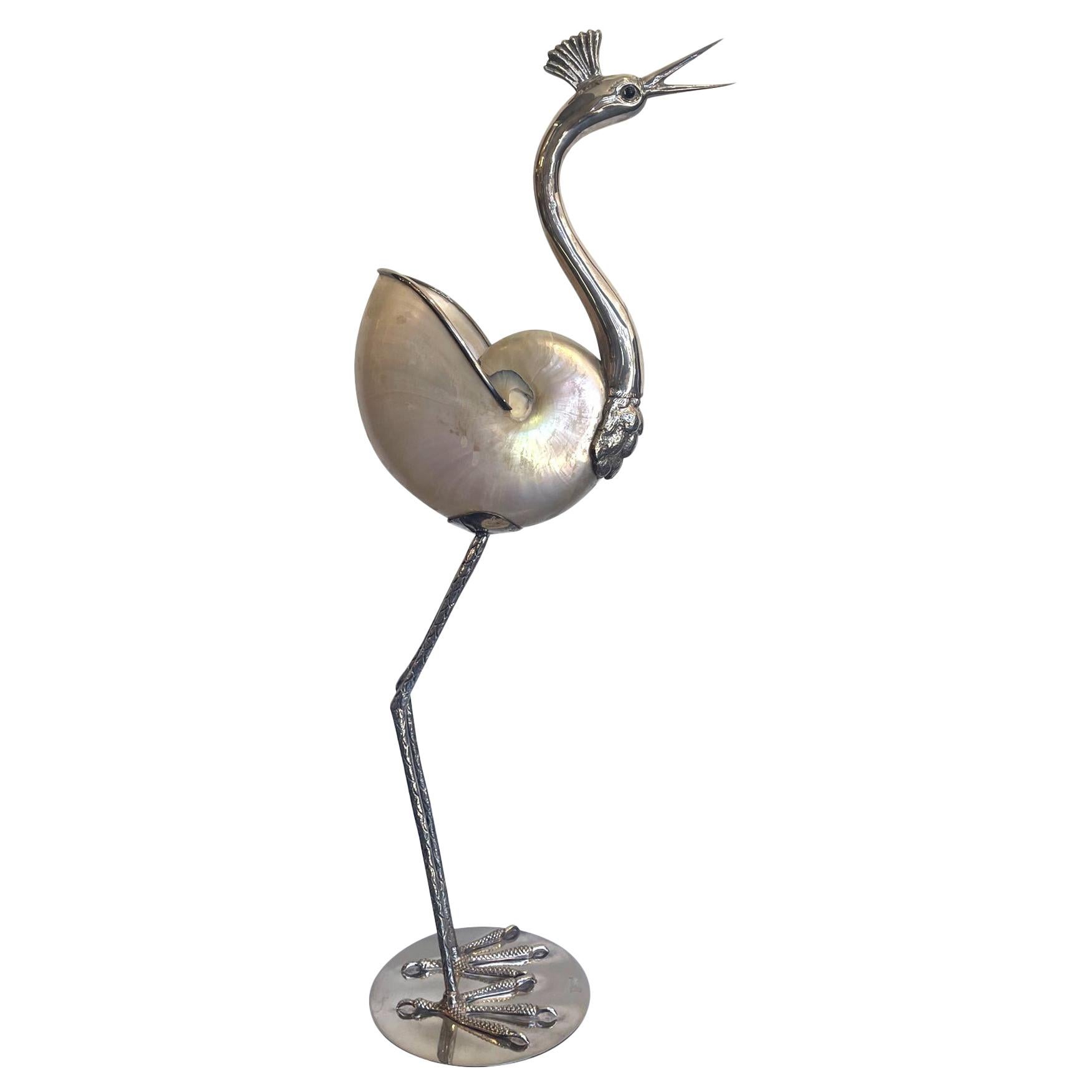 1970's Silver Plated Crane by Gabriella Binazzi with Real Nautilus Shell Body