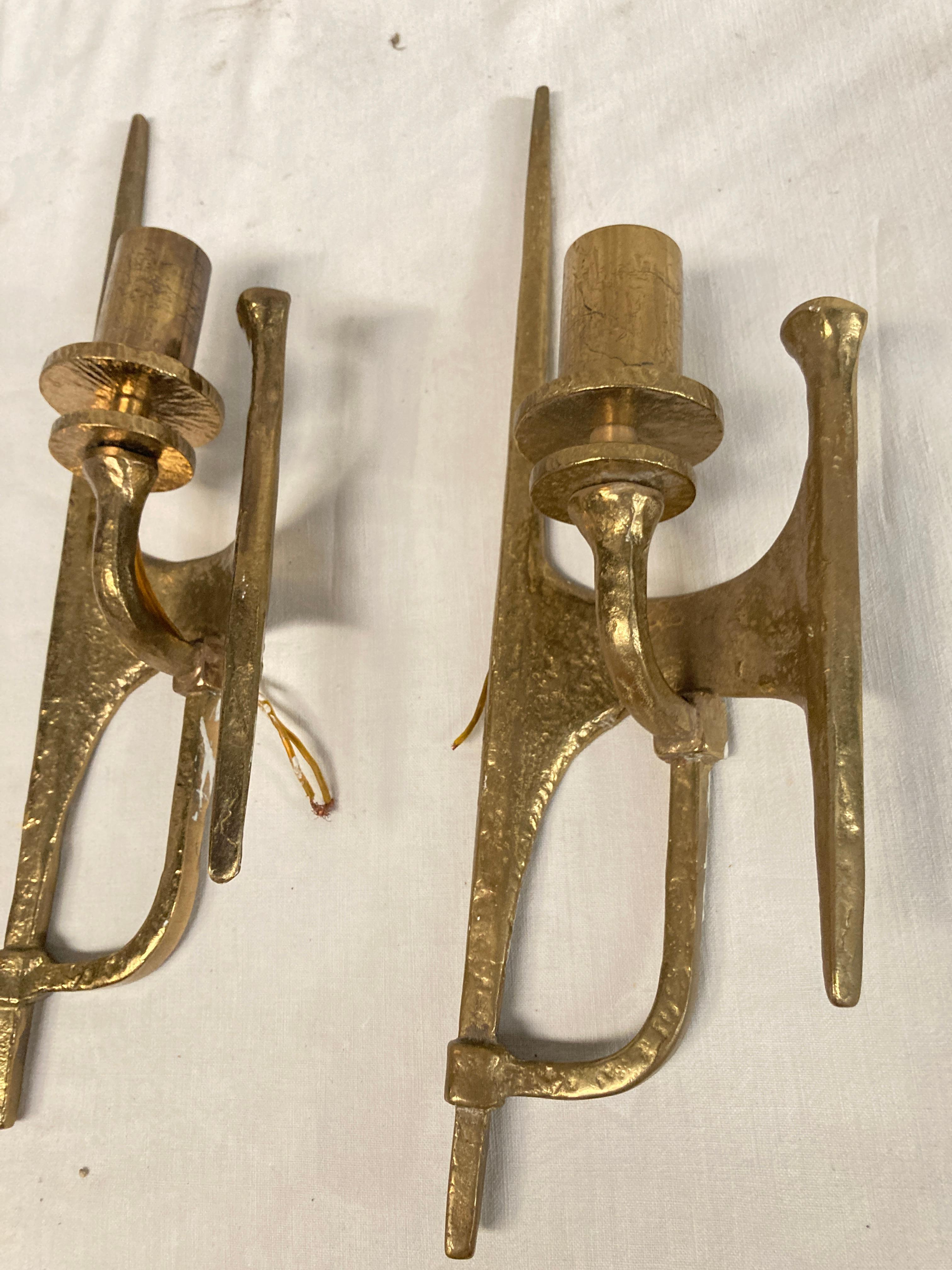 Italian 1970's silvered bronze brutalist sconces For Sale