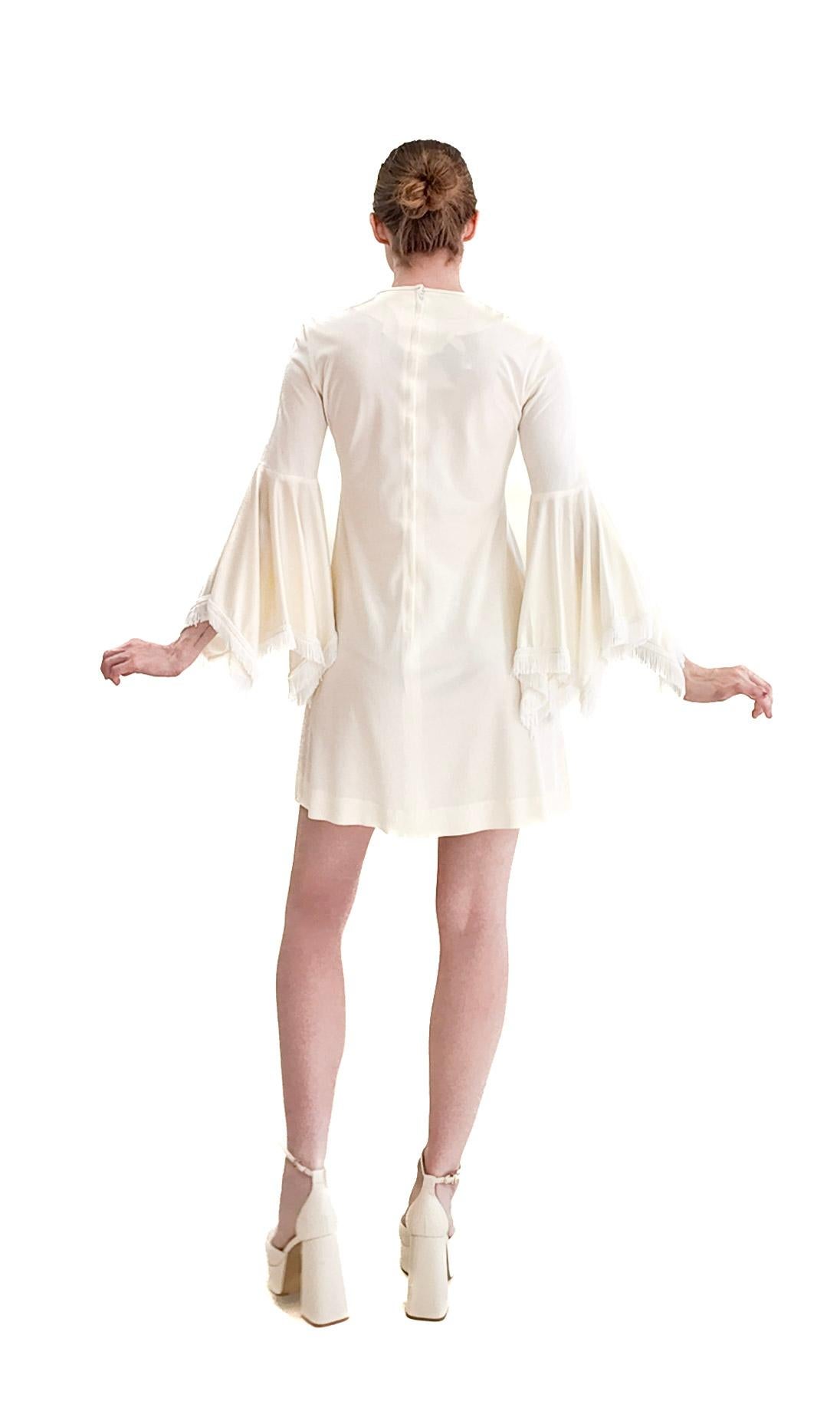 Beige 1970's Simon Massey London Mini dress with Fringe Bell Sleeves