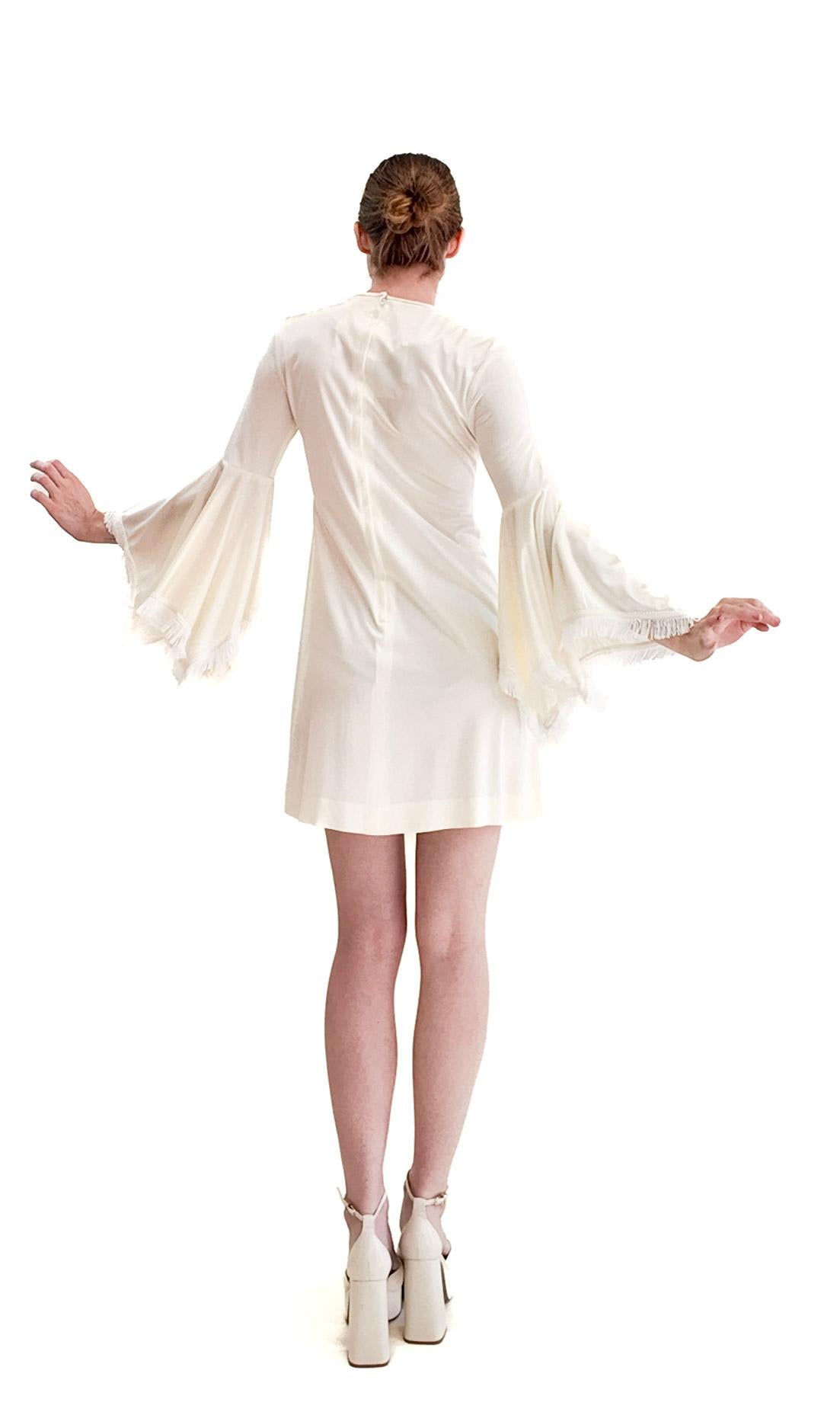 1970's Simon Massey London Mini dress with Fringe Bell Sleeves In Good Condition In Los Angeles, CA