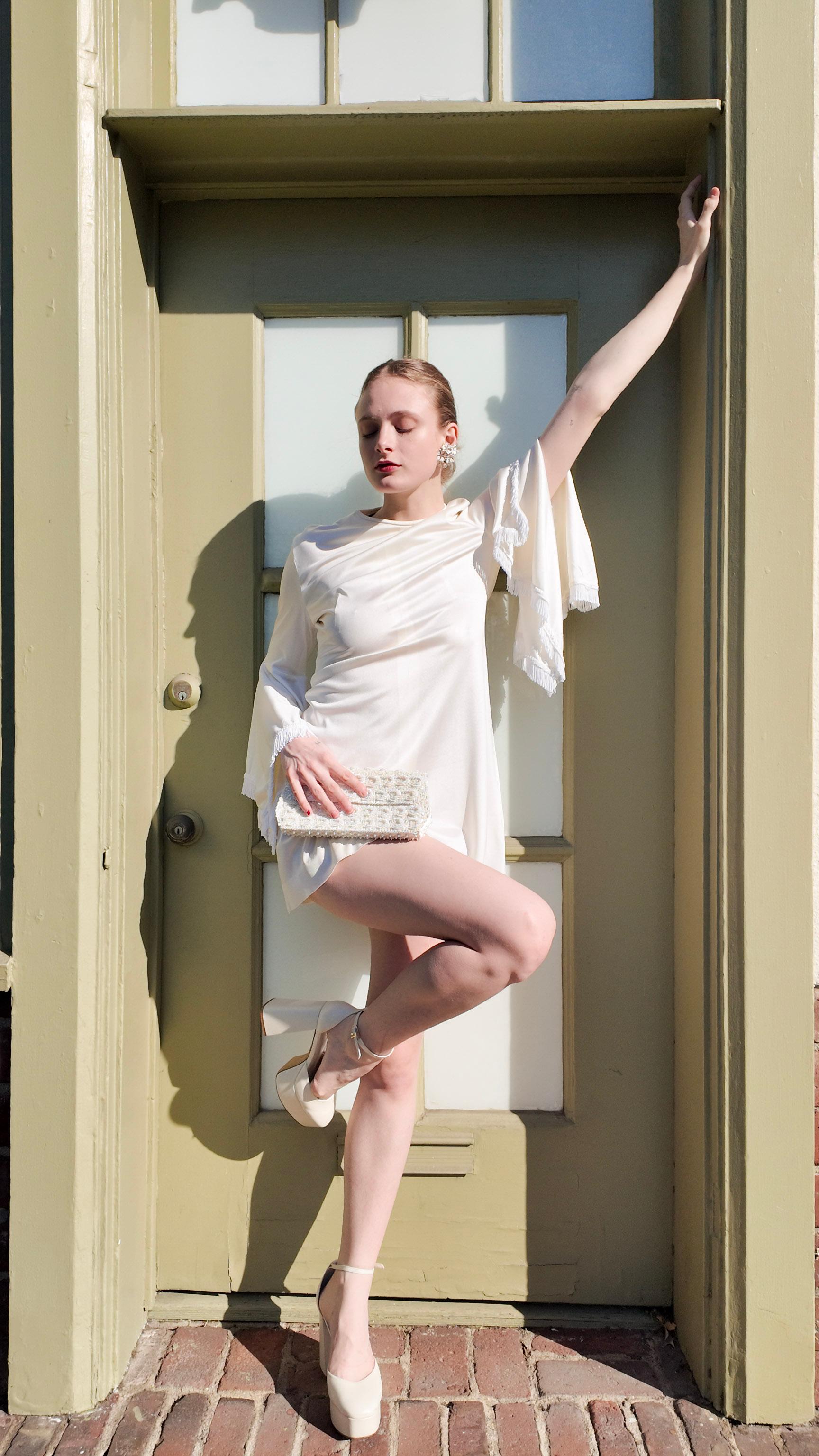 1970's Simon Massey London Mini dress with Fringe Bell Sleeves 3