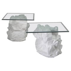 1970's Sirmos Plaster Faux Bois Stacked Stones Side Tables, Pair