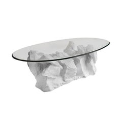 1970s Sirmos Plaster Rock Quarry Coffee Table with Oval Glass Top