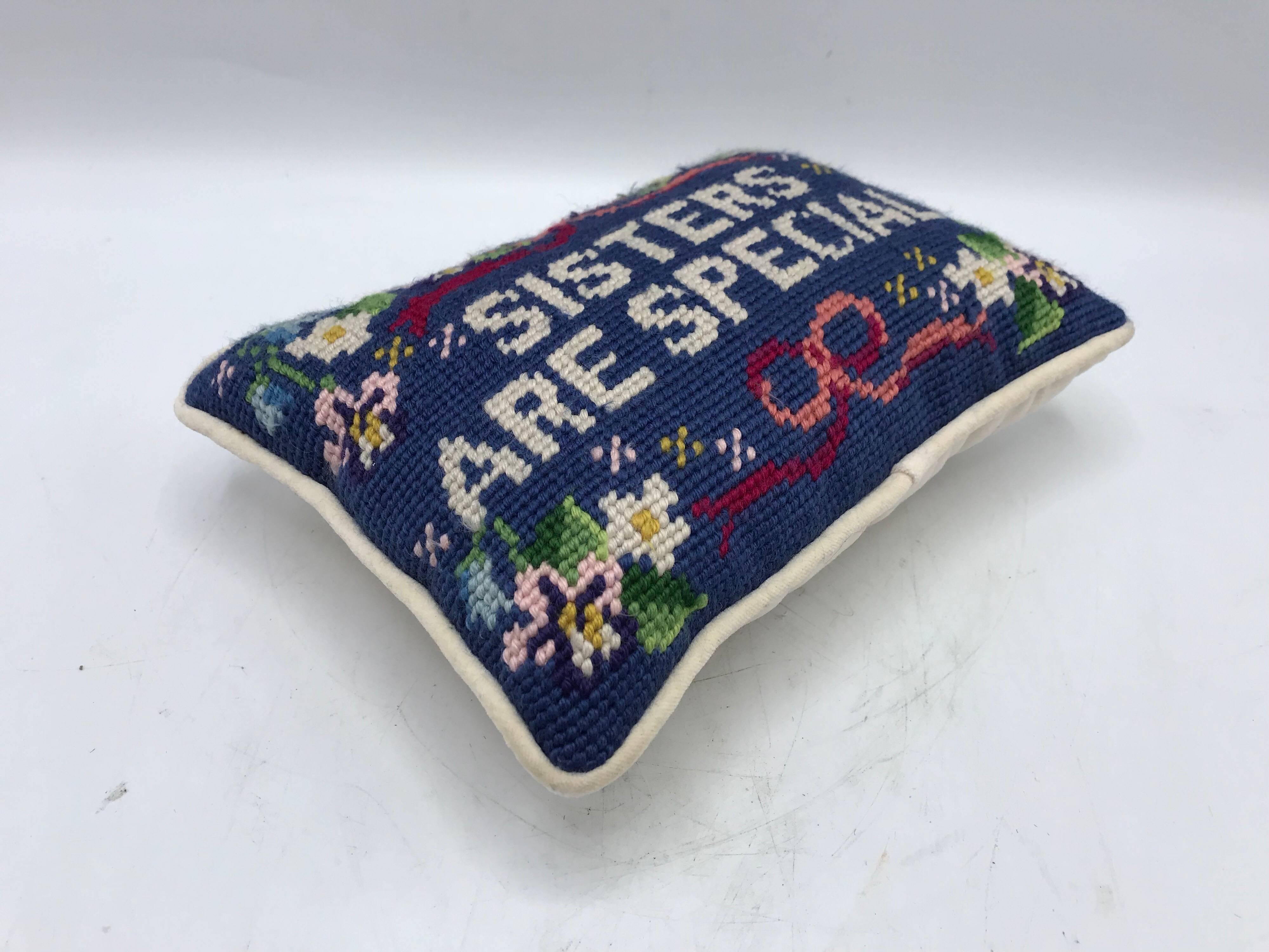Offered is a fun and quirky, 1970s needlepoint pillow that reads ‘Sisters are Special.’ The piece is in beautiful condition. Velvet backside. Poly-blend fill.