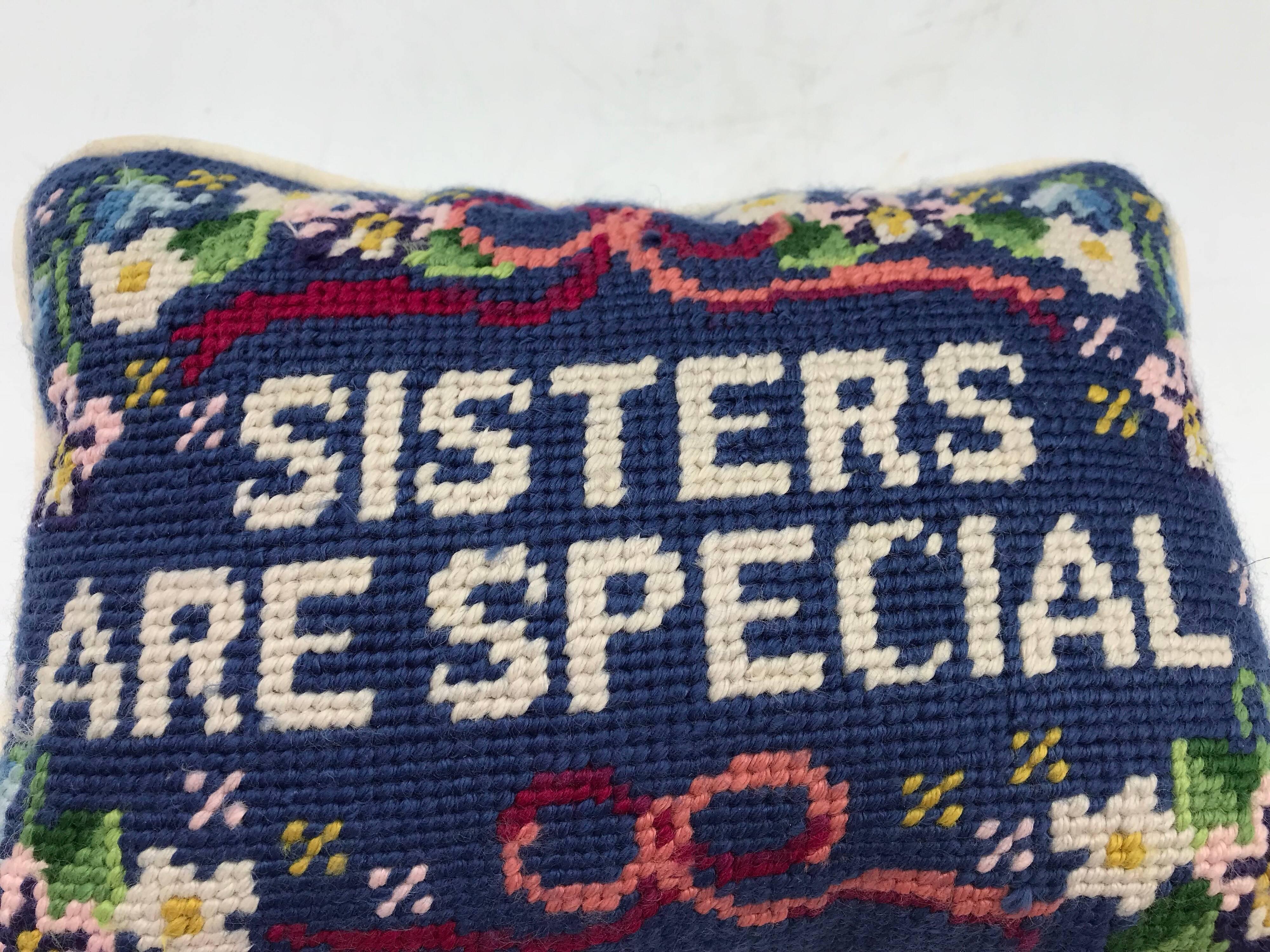 1970s ‘Sisters are Special’ Needlepoint Pillow 2