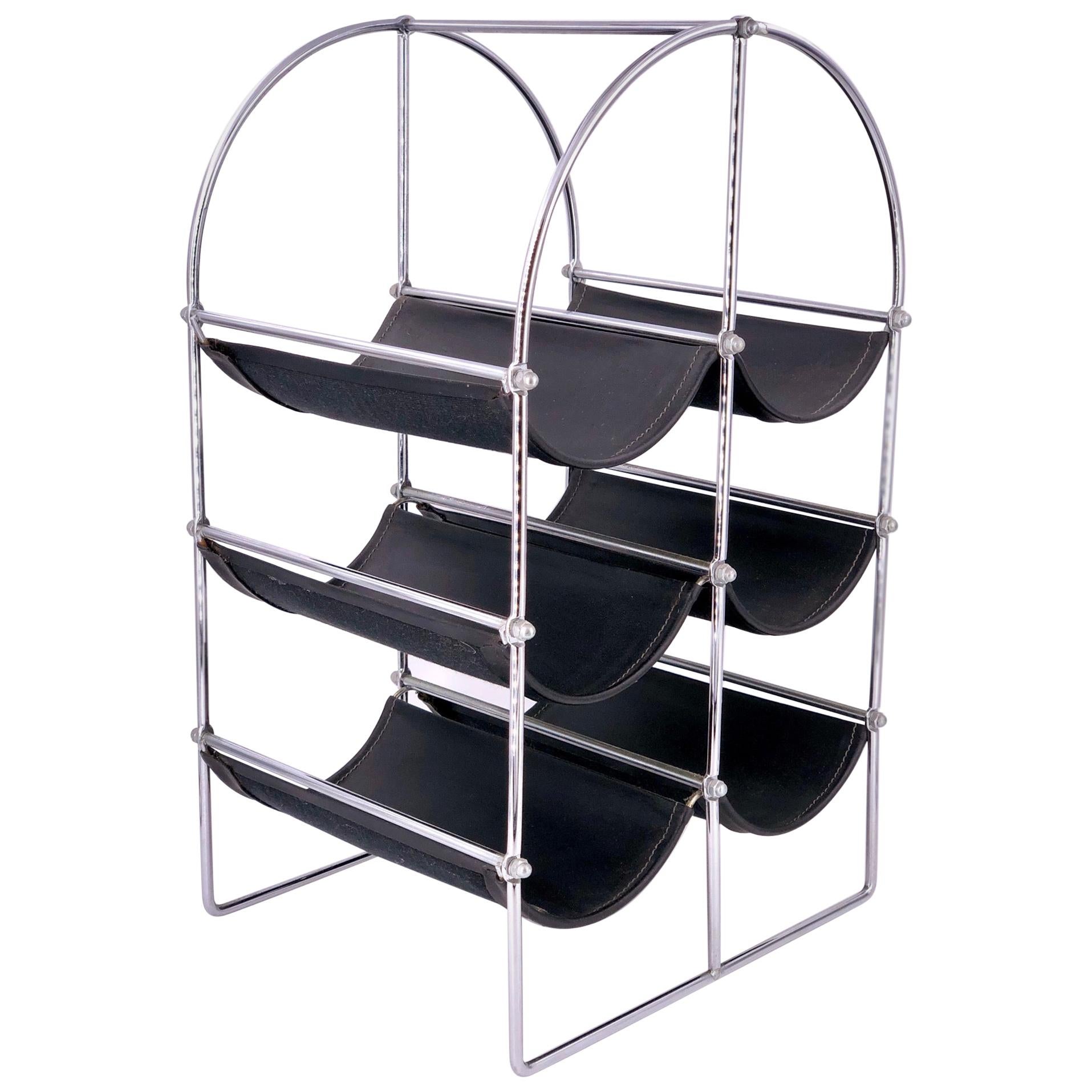 1970s Six Bottle Capacity Wine Rack in Chrome and Leather