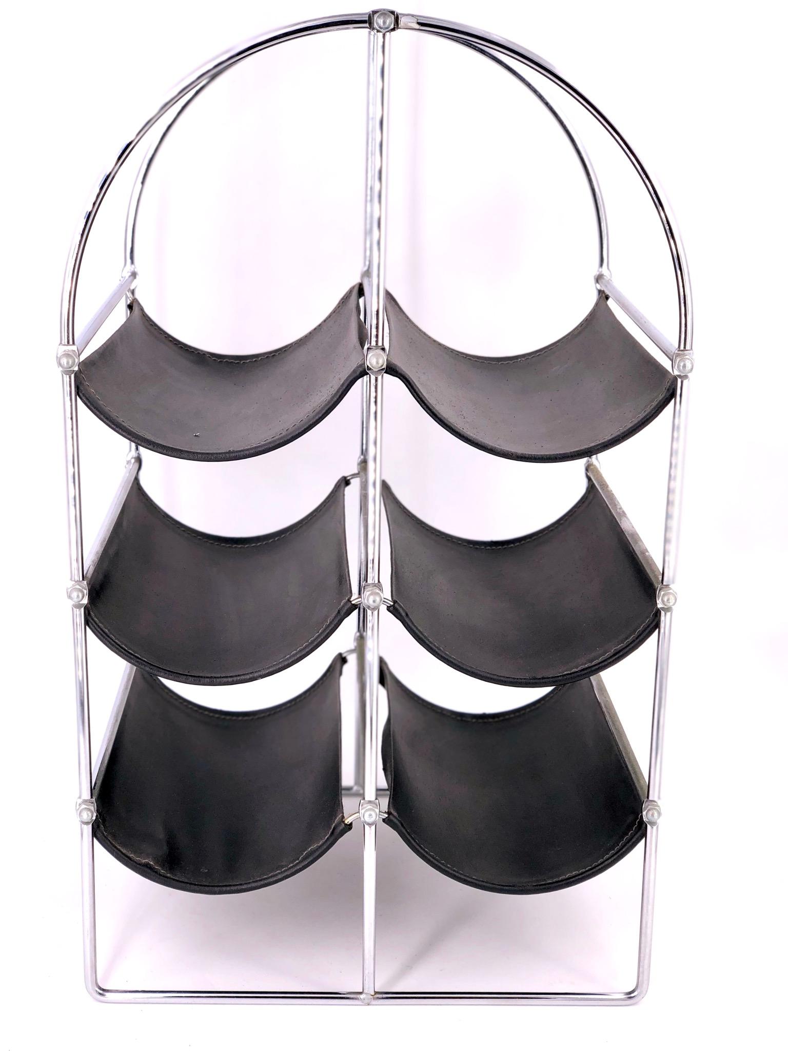 Space Age 1970s Six Bottle Capacity Wine Rack in Chrome and Leather