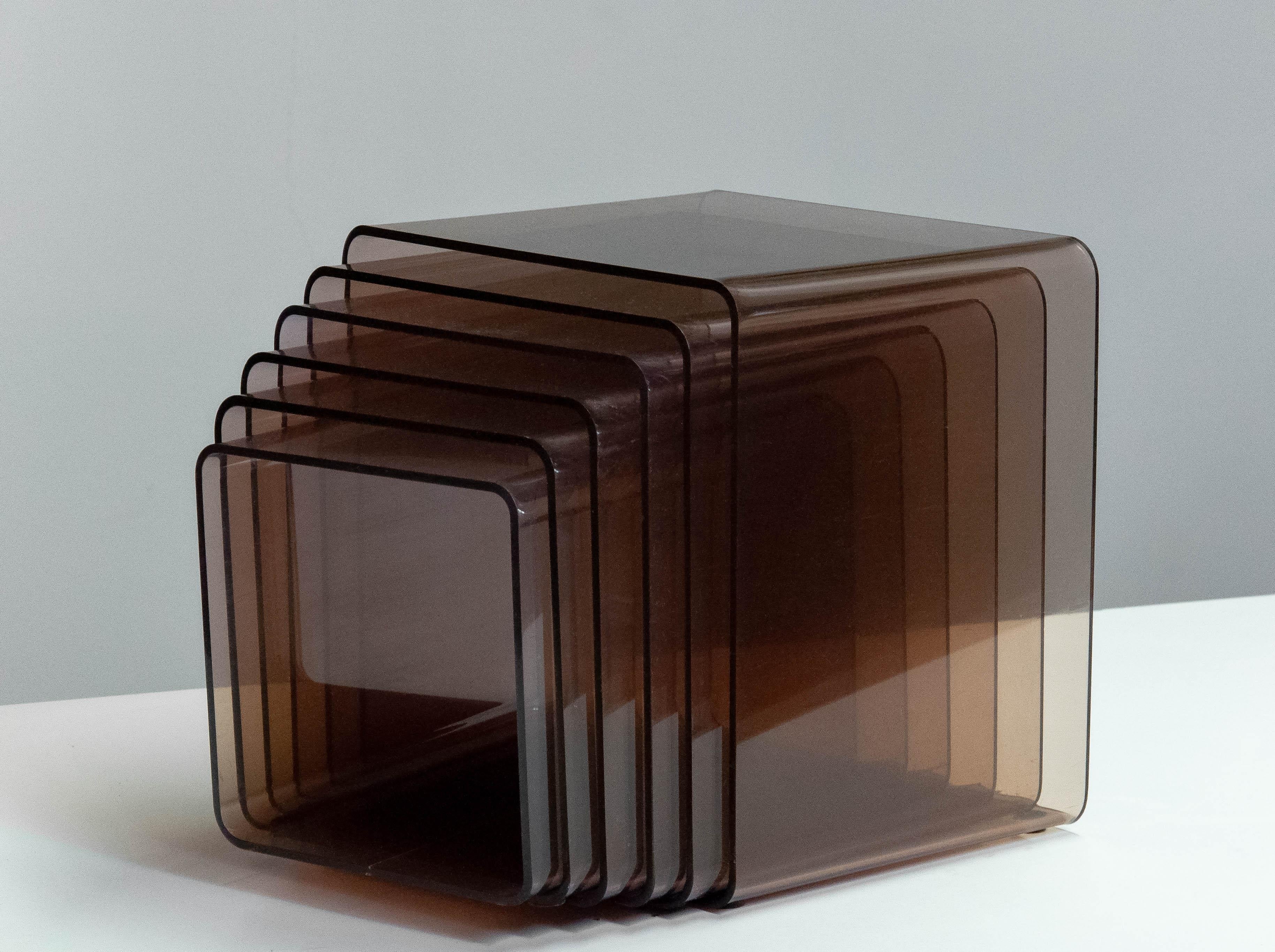 Modern 1970s Six Brown / Smoked Lucite Nesting Tables by Michel Dumas for Roche Bobois
