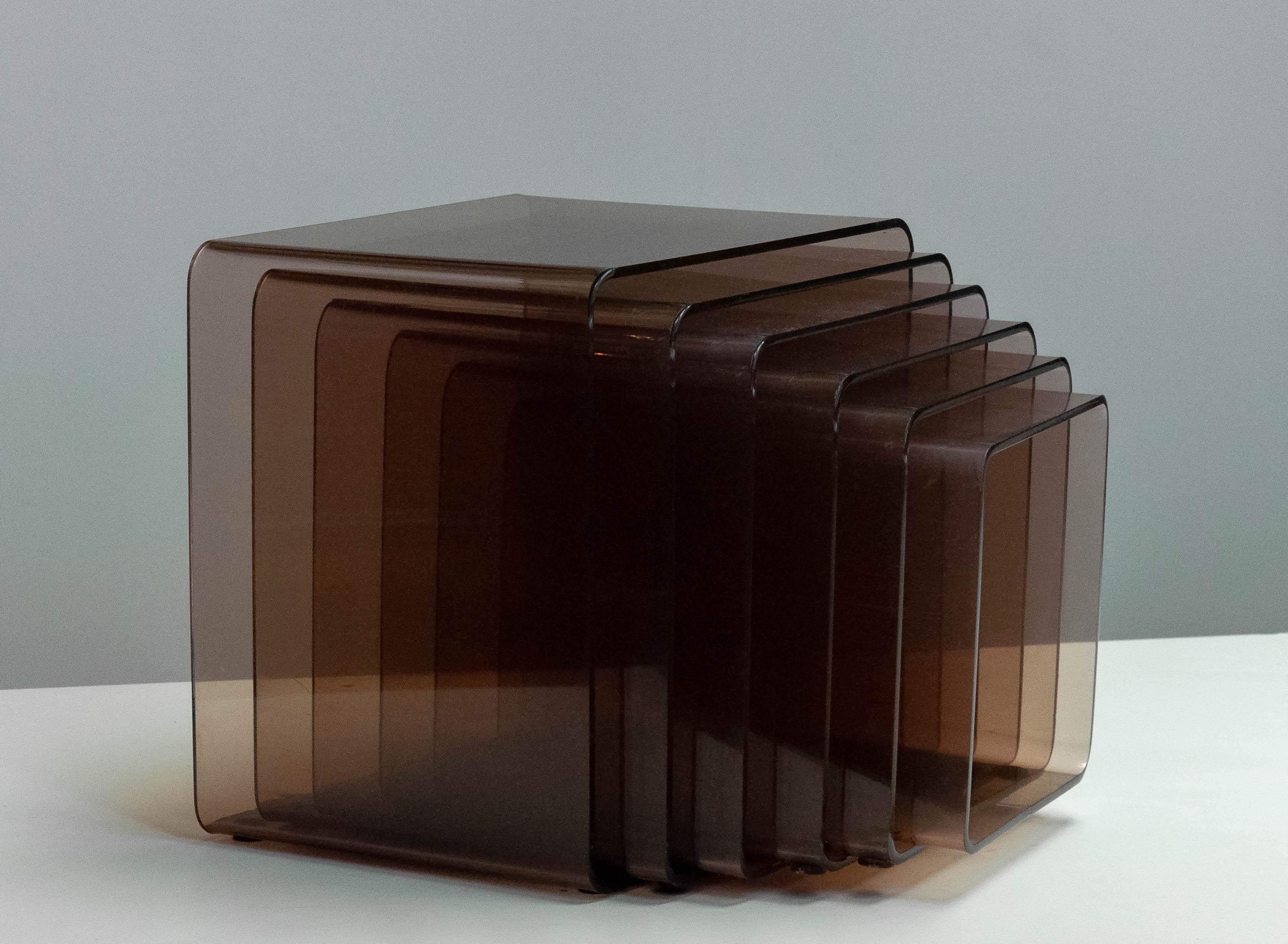 French 1970s Six Brown / Smoked Lucite Nesting Tables by Michel Dumas for Roche Bobois
