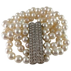 1970s Six Lines of Akoya Pearls Bracelet with Diamonds