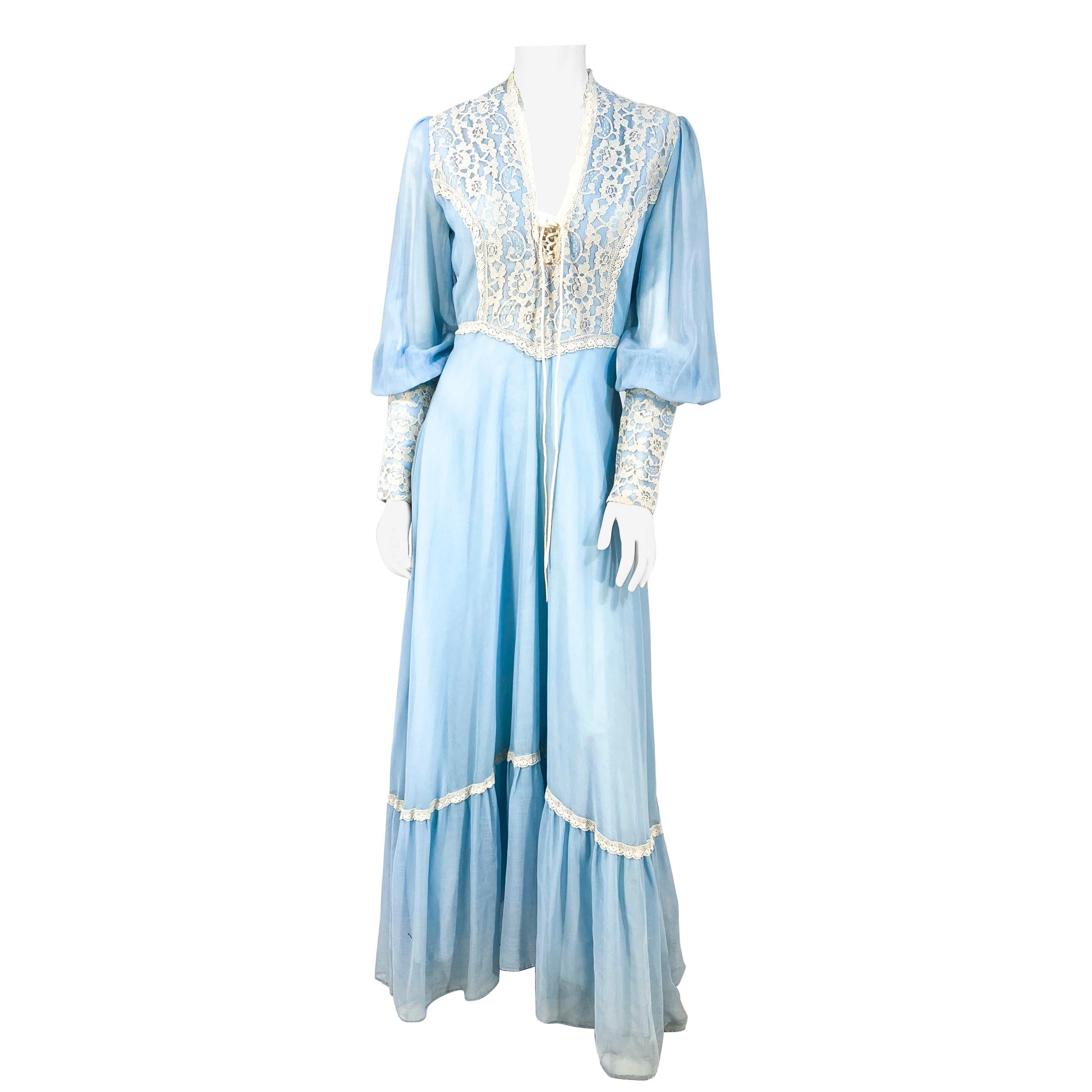 1970s Sky Blue Full-Length Dress