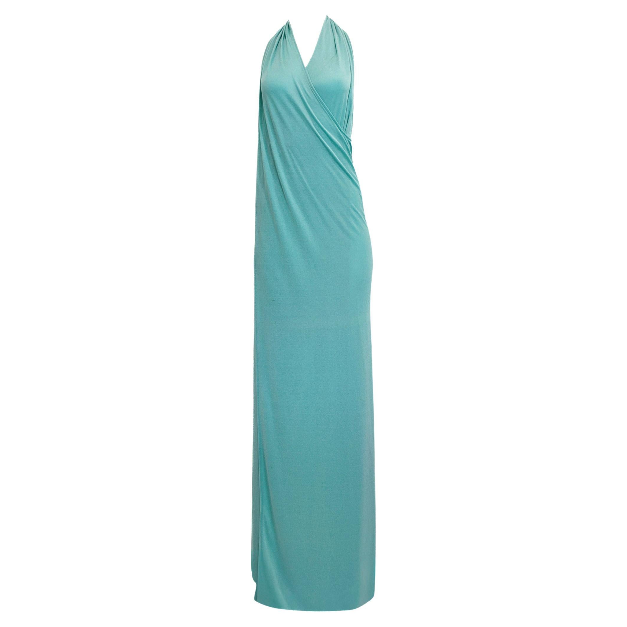 Abito a portafoglio in jersey azzurro anni '70 con turbante