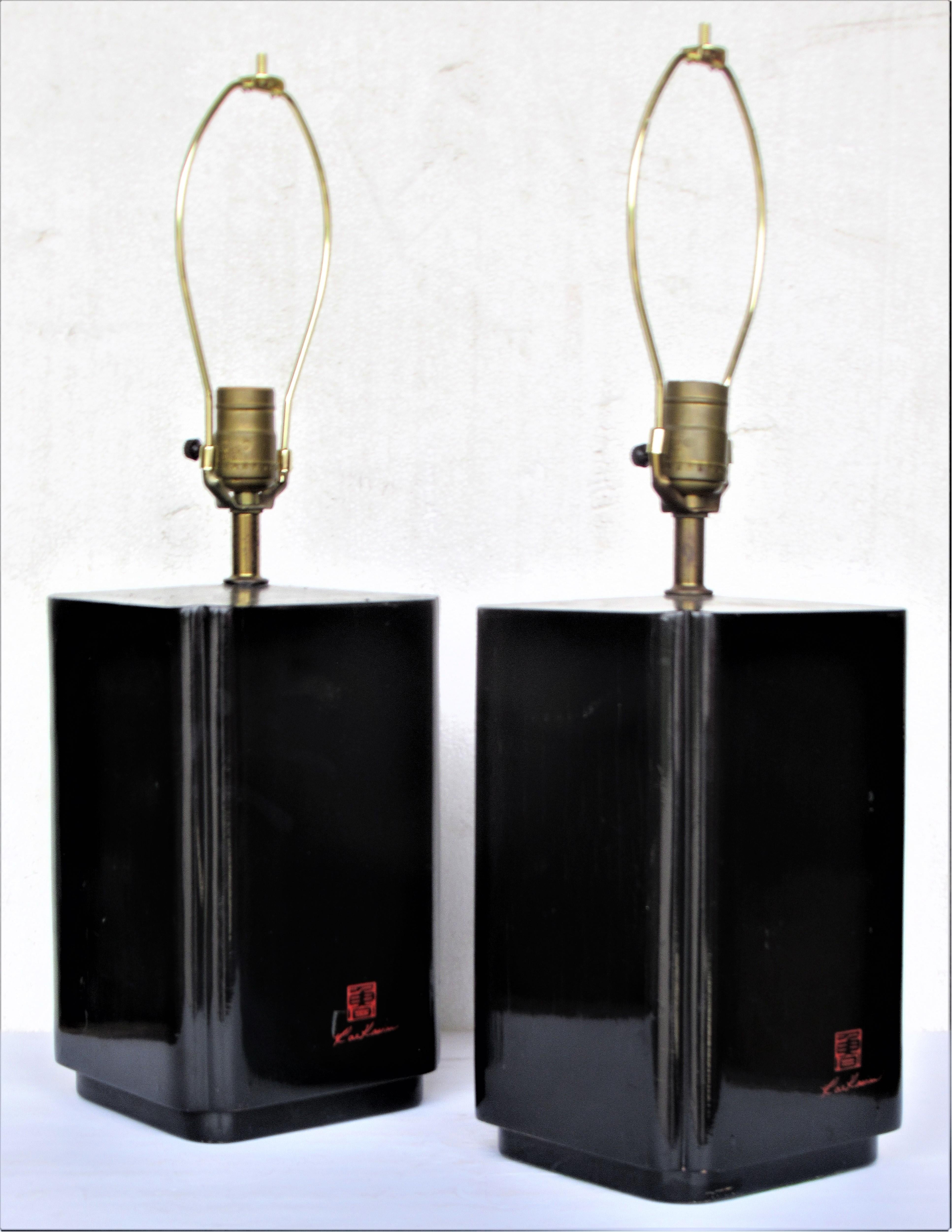 Hollywood Regency 1970's Black Lacquered Table Lamps by Roe Kasian