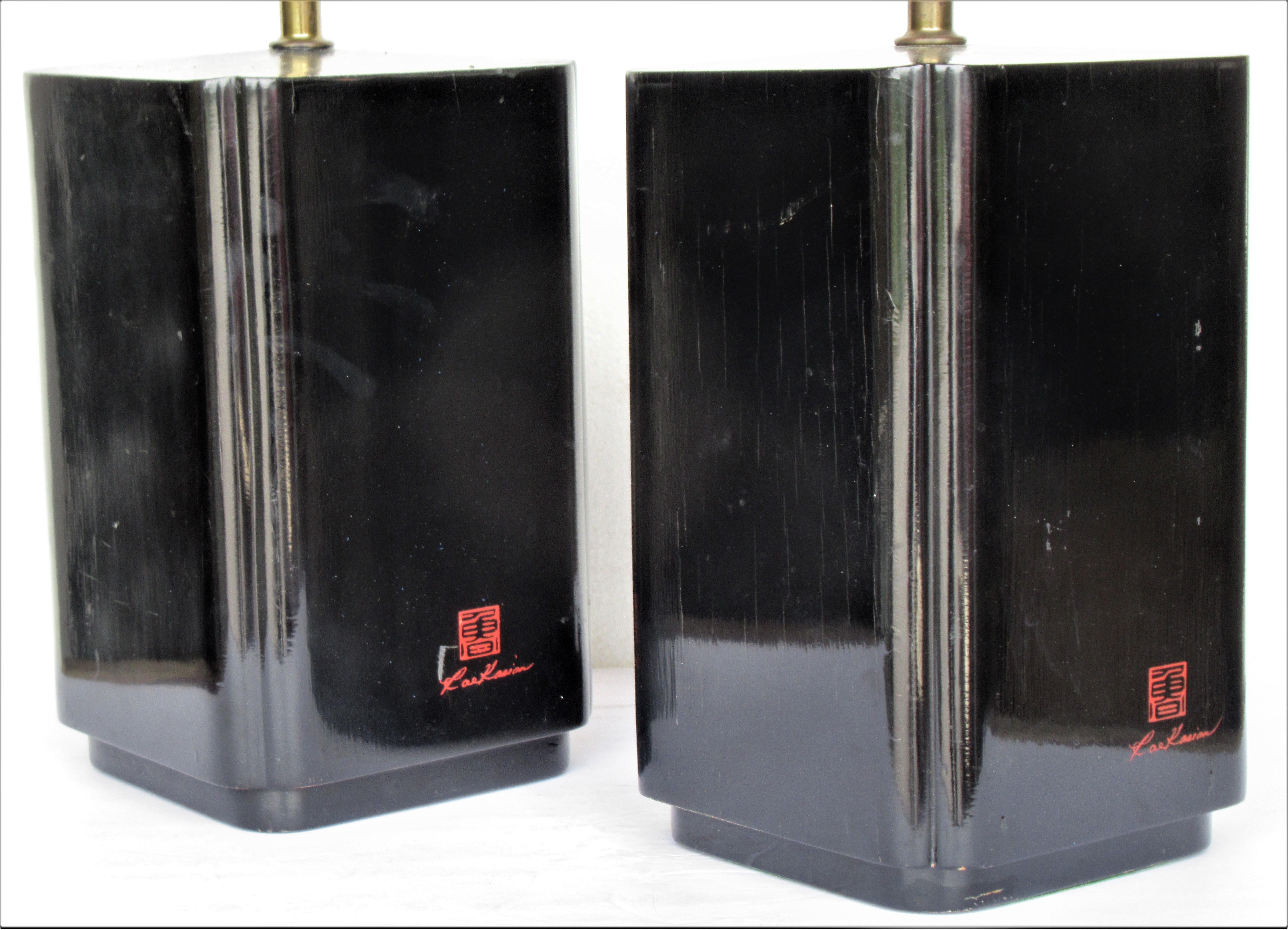 American 1970's Black Lacquered Table Lamps by Roe Kasian
