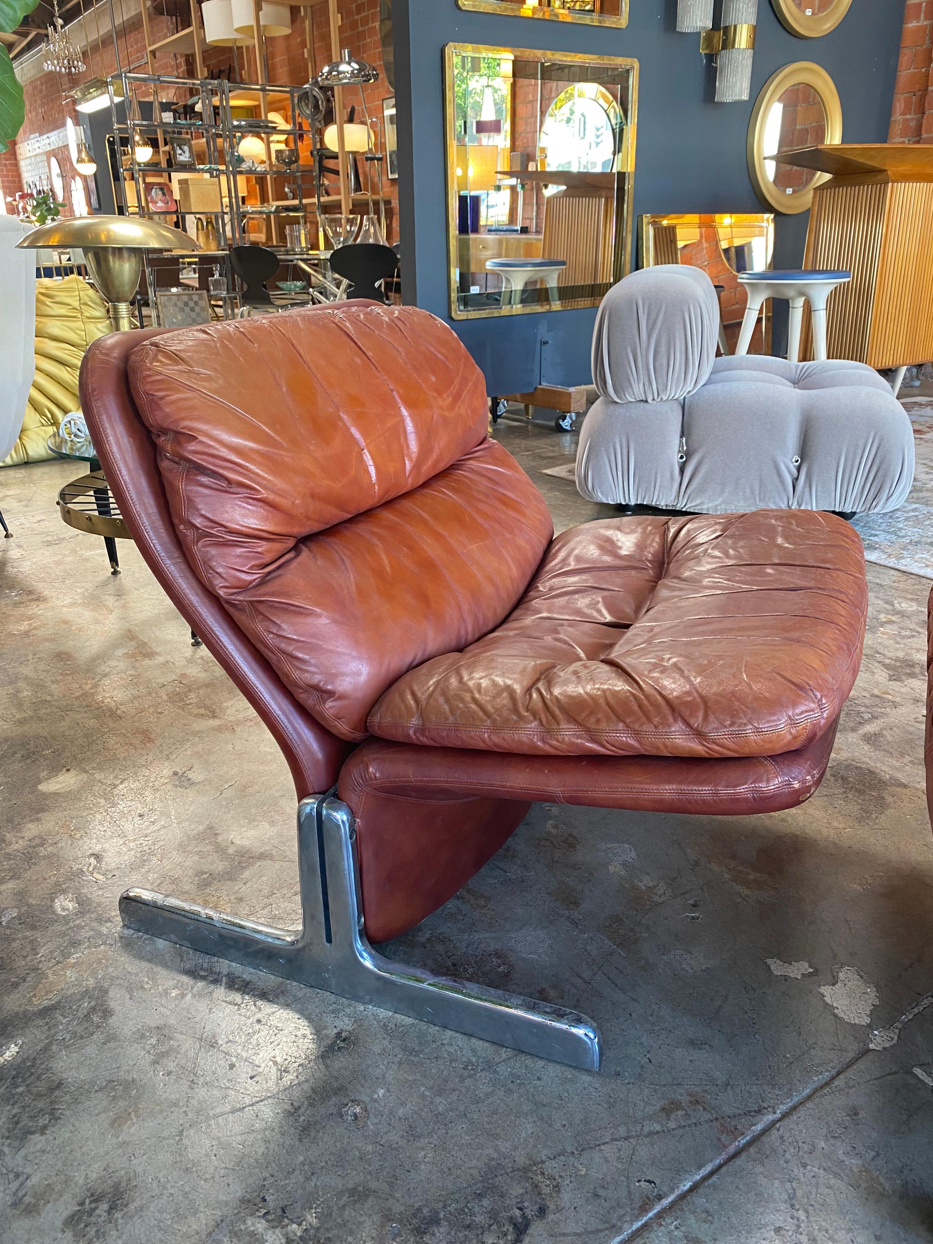 European 1970s Sleek Leather Lounge Chair & Ottoman Tittina Ammannati & Vitelli, Italy