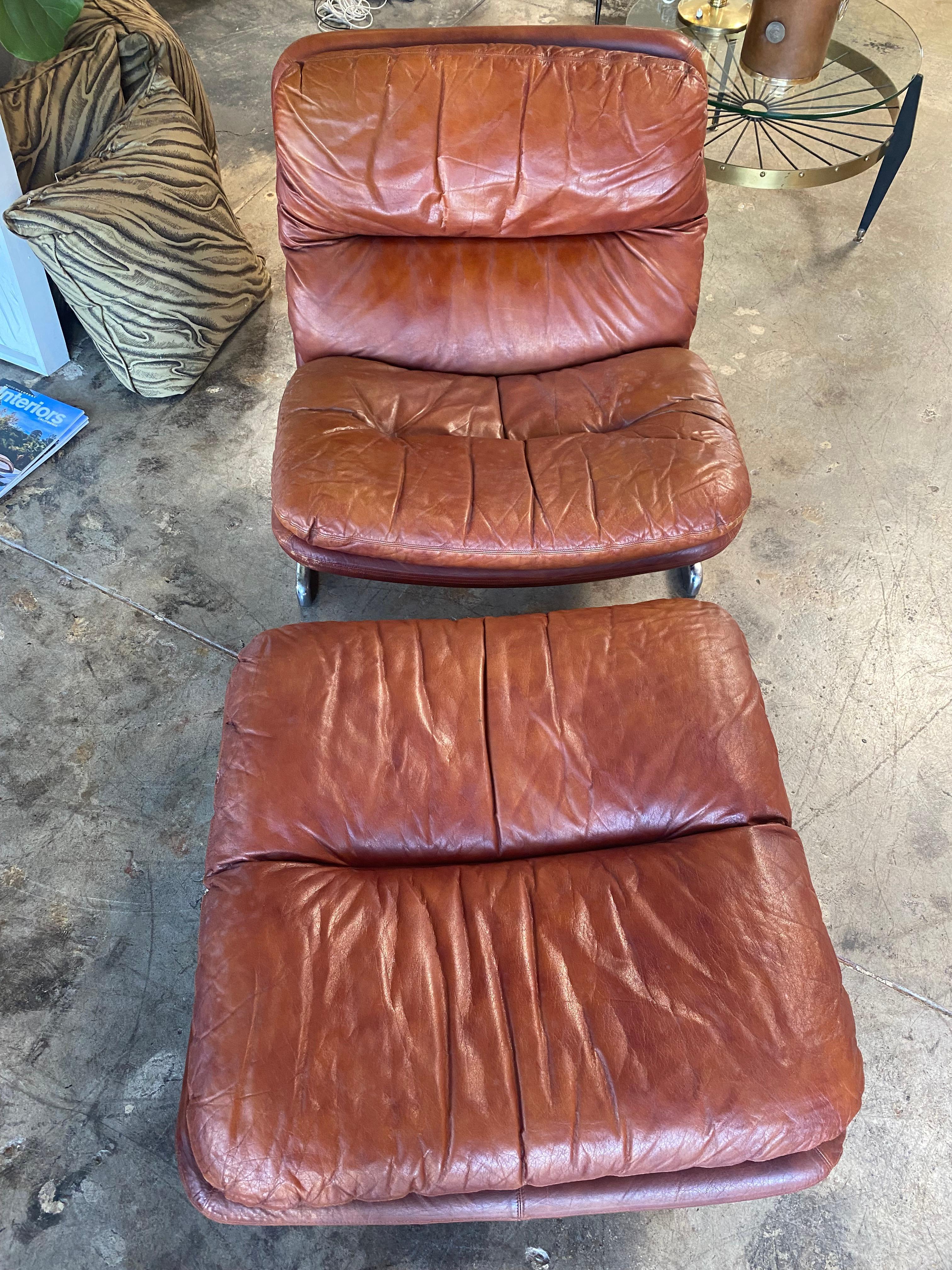 1970s Sleek Leather Lounge Chair & Ottoman Tittina Ammannati & Vitelli, Italy 1